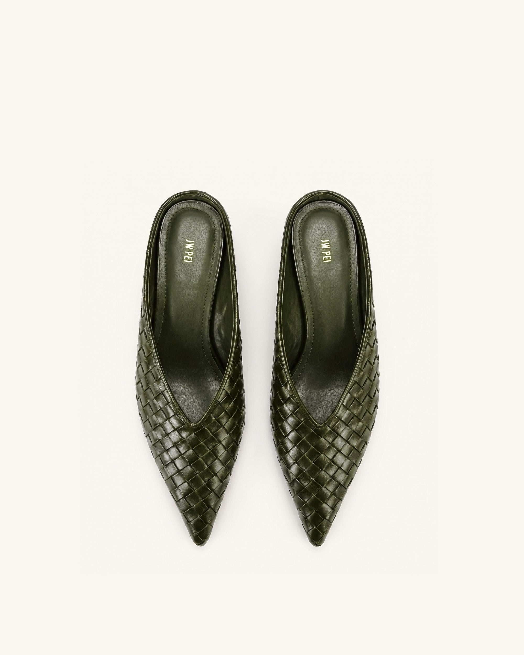 Helena Woven Textured Pointed Toe Mules - Olive Green