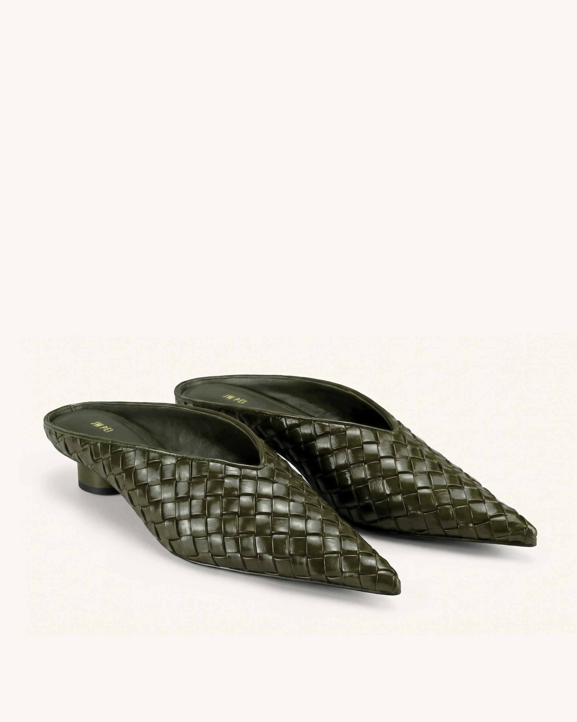 Helena Woven Textured Pointed Toe Mules - Olive Green