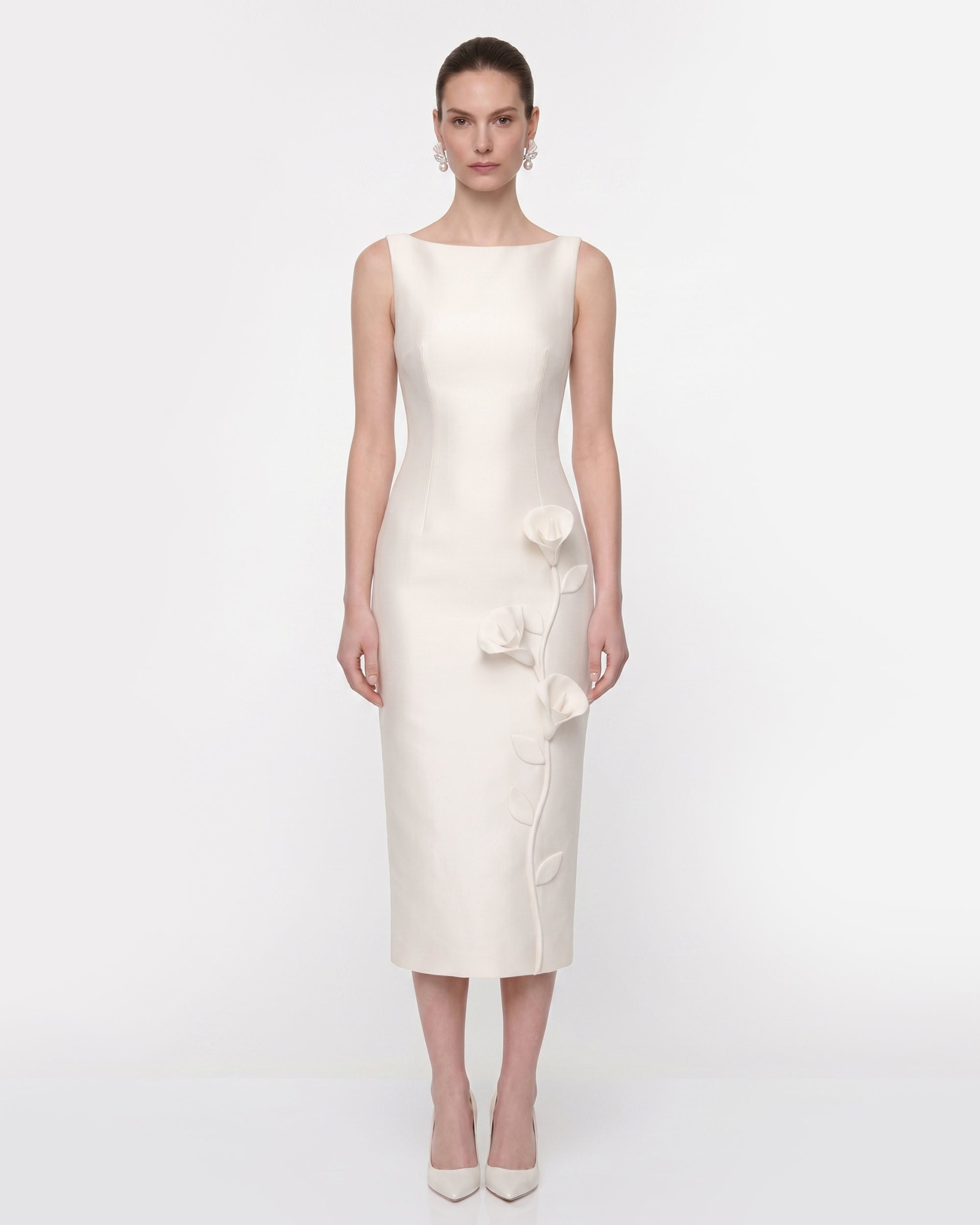 Floral Appliqué Sleeveless Midi Dress - White