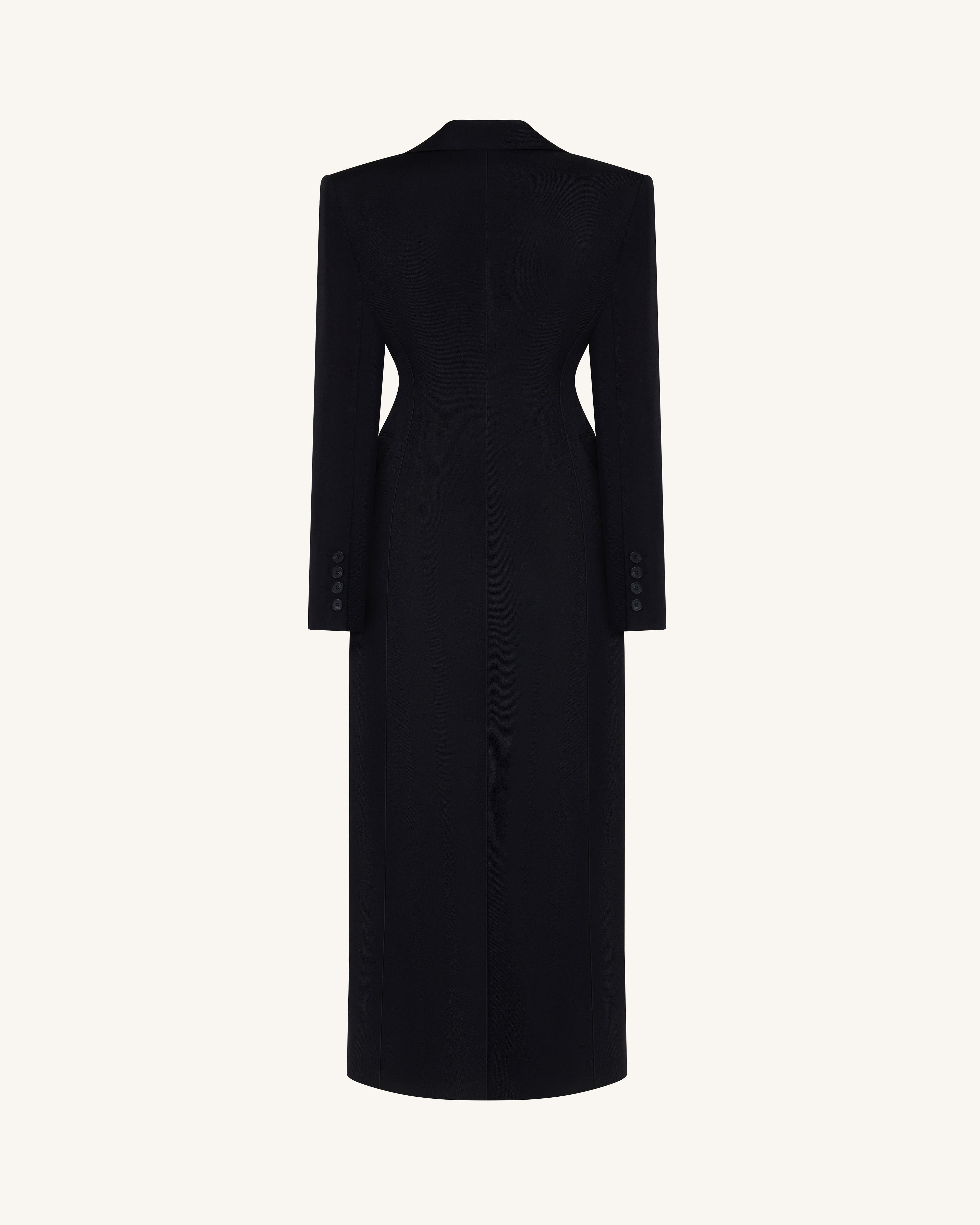 Structured Shoulder Fitted Lapel Maxi Coat - Black