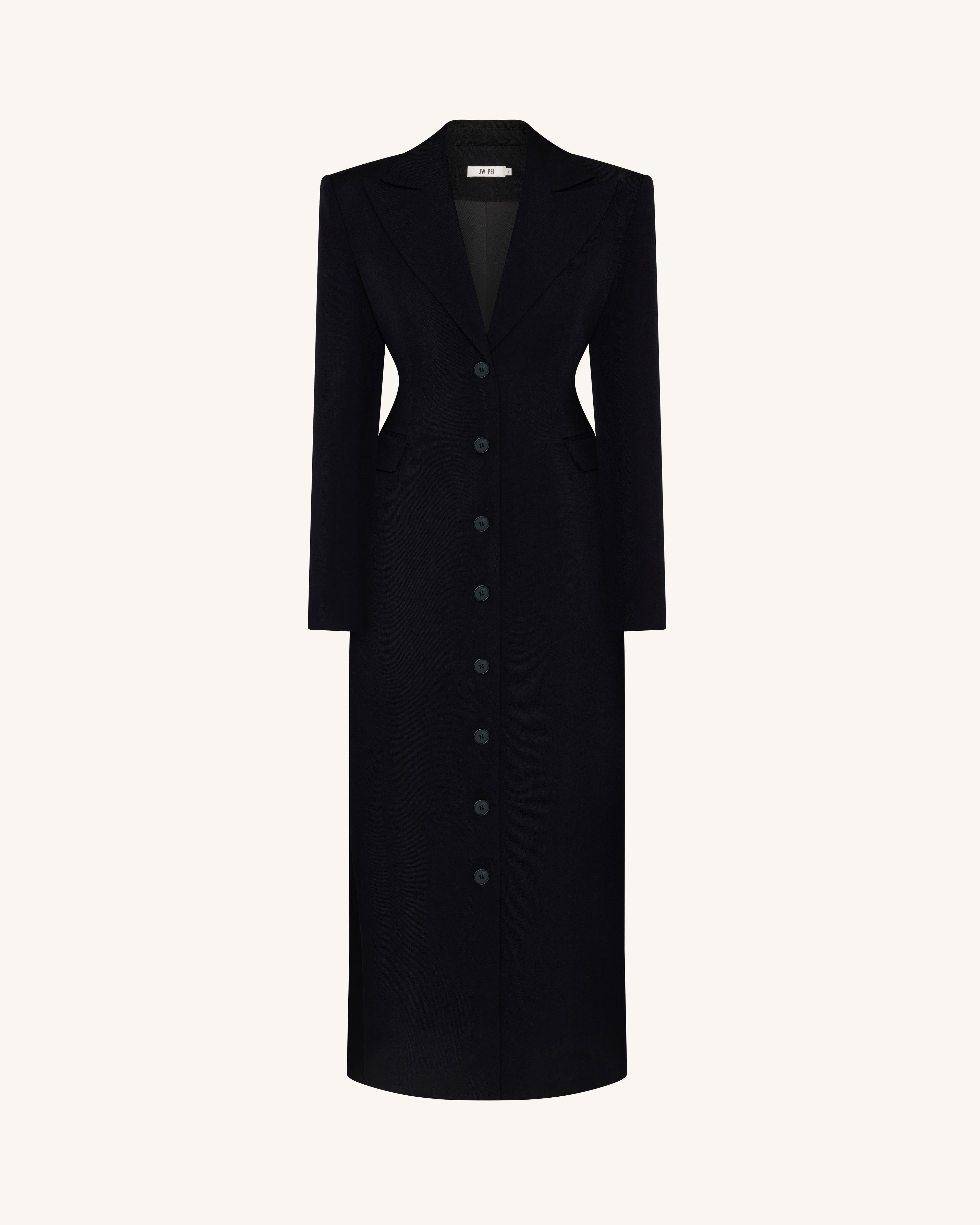 Structured Shoulder Fitted Lapel Maxi Coat - Black