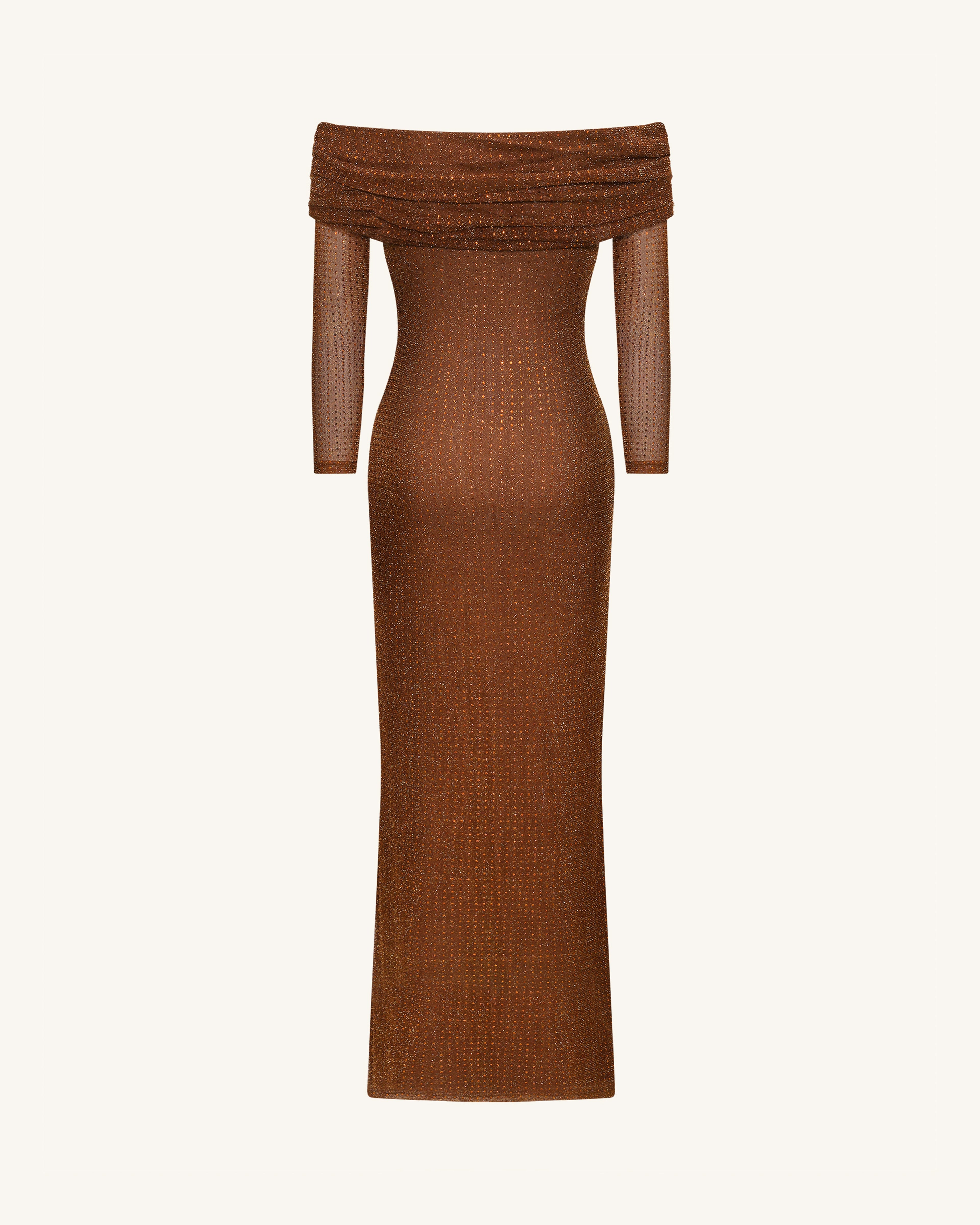 Rhinestone Mesh Off-Shoulder Maxi Dress - Brown
