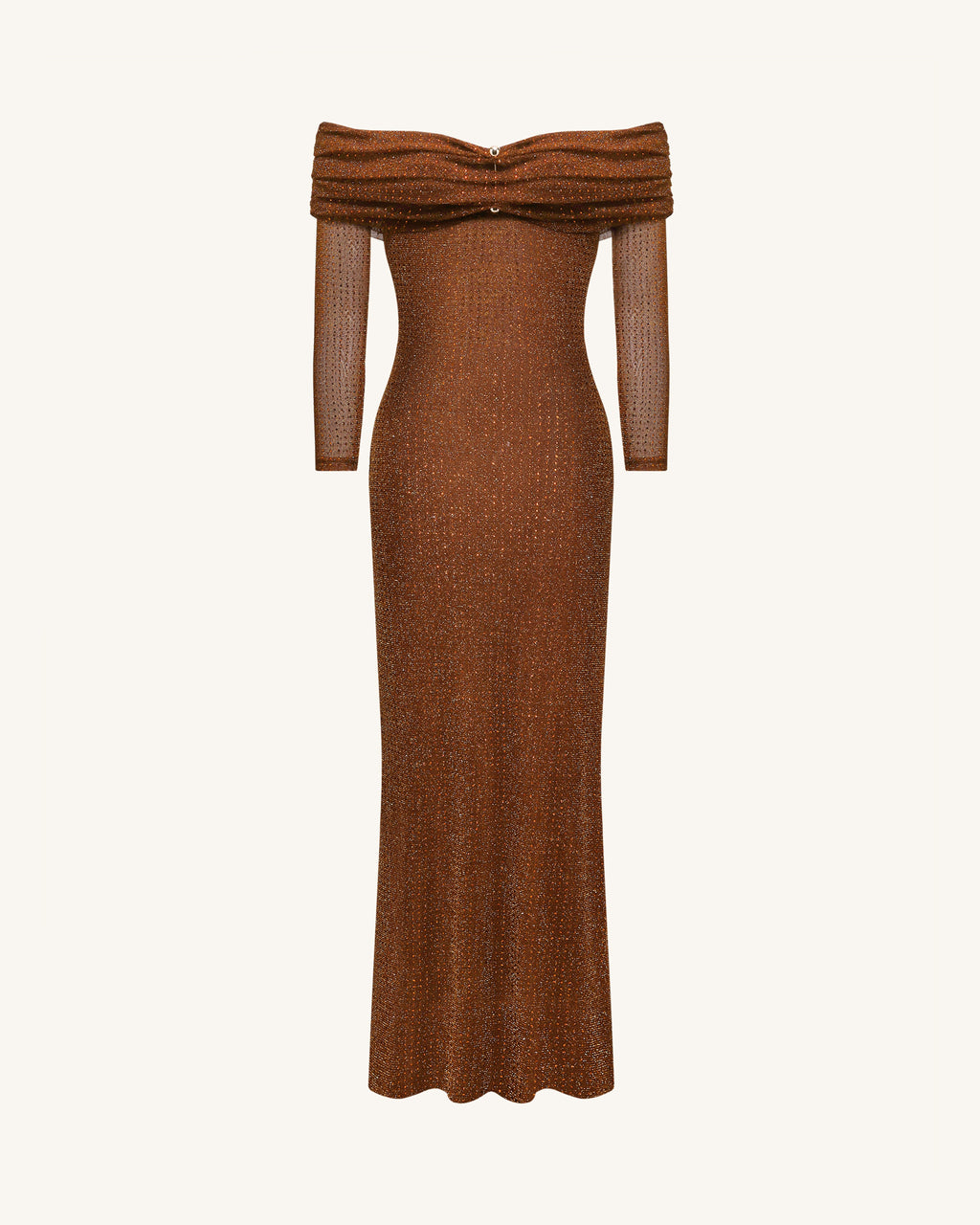 Rhinestone Mesh Off-Shoulder Maxi Dress - Brown
