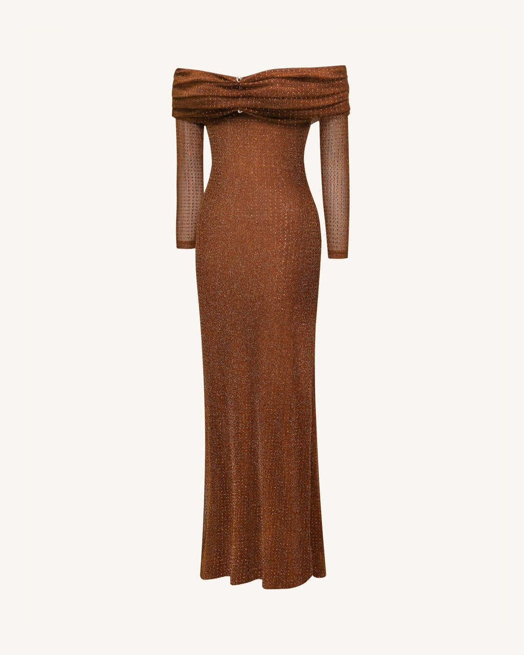 Rhinestone Mesh Off-Shoulder Maxi Dress - Brown