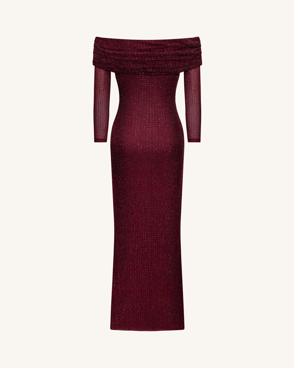 Rhinestone Mesh Off-Shoulder Maxi Dress - Claret