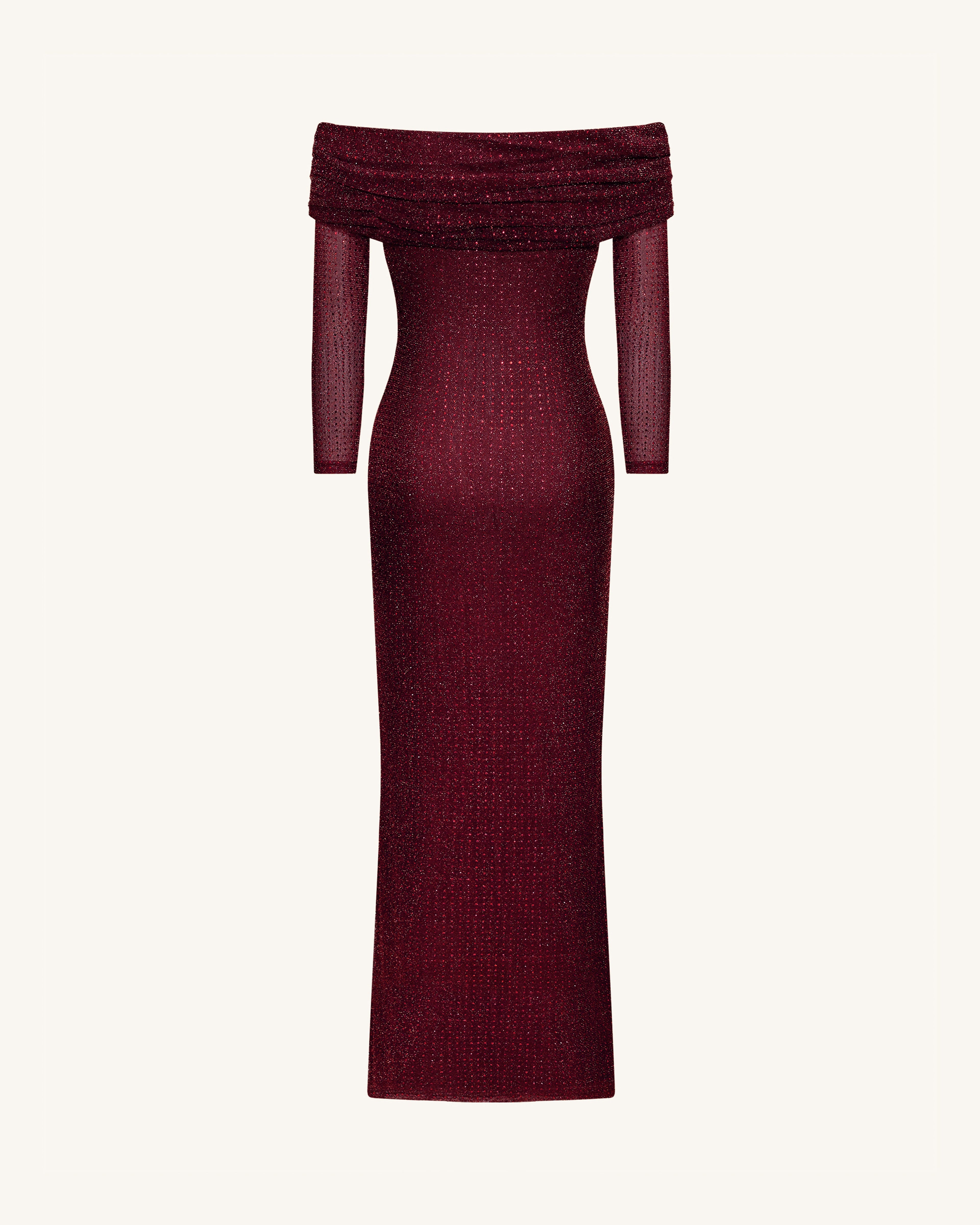Rhinestone Mesh Off-Shoulder Maxi Dress - Claret