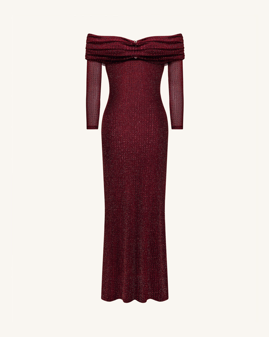 Rhinestone Mesh Off-Shoulder Maxi Dress - Claret