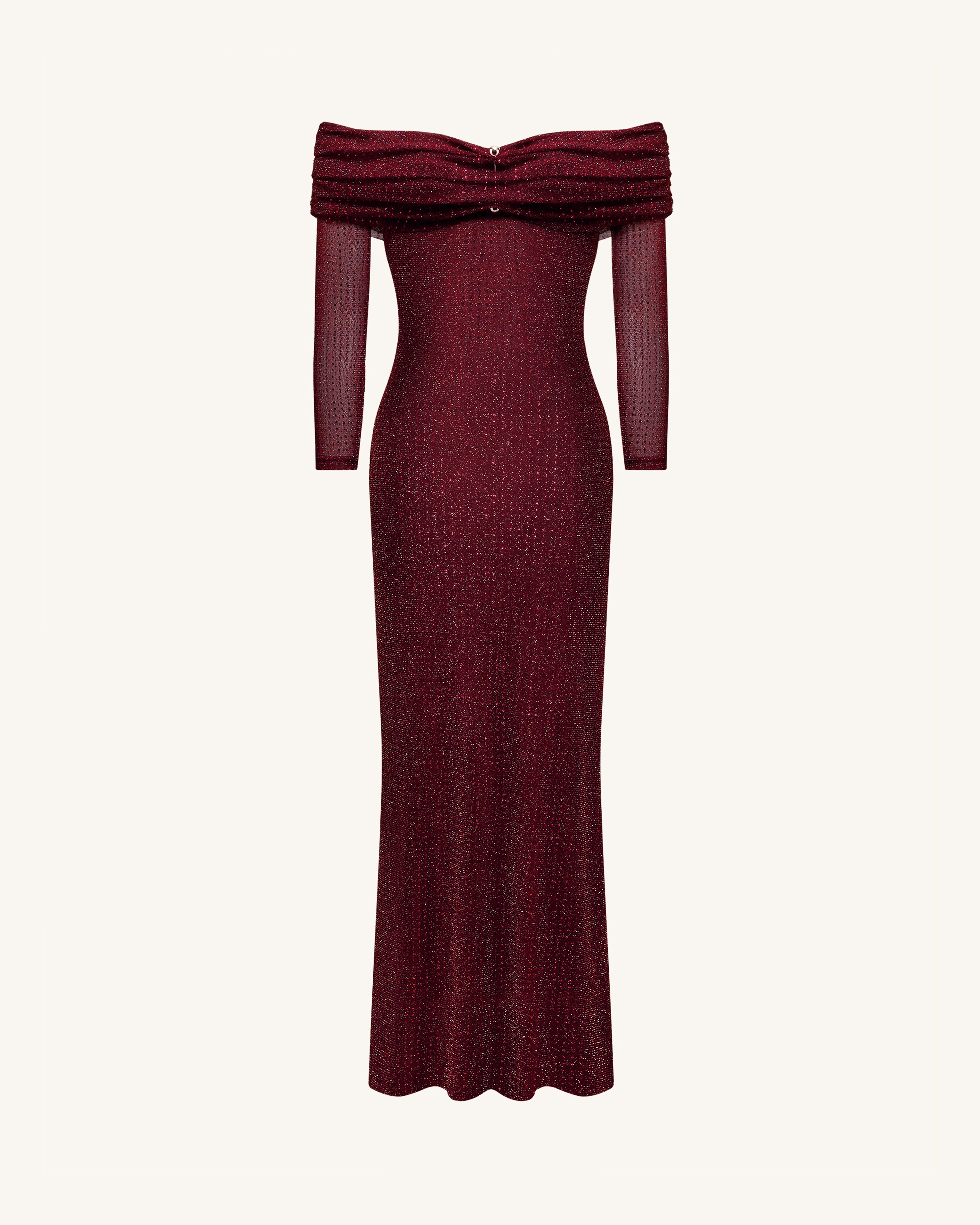 Rhinestone Mesh Off-Shoulder Maxi Dress - Claret