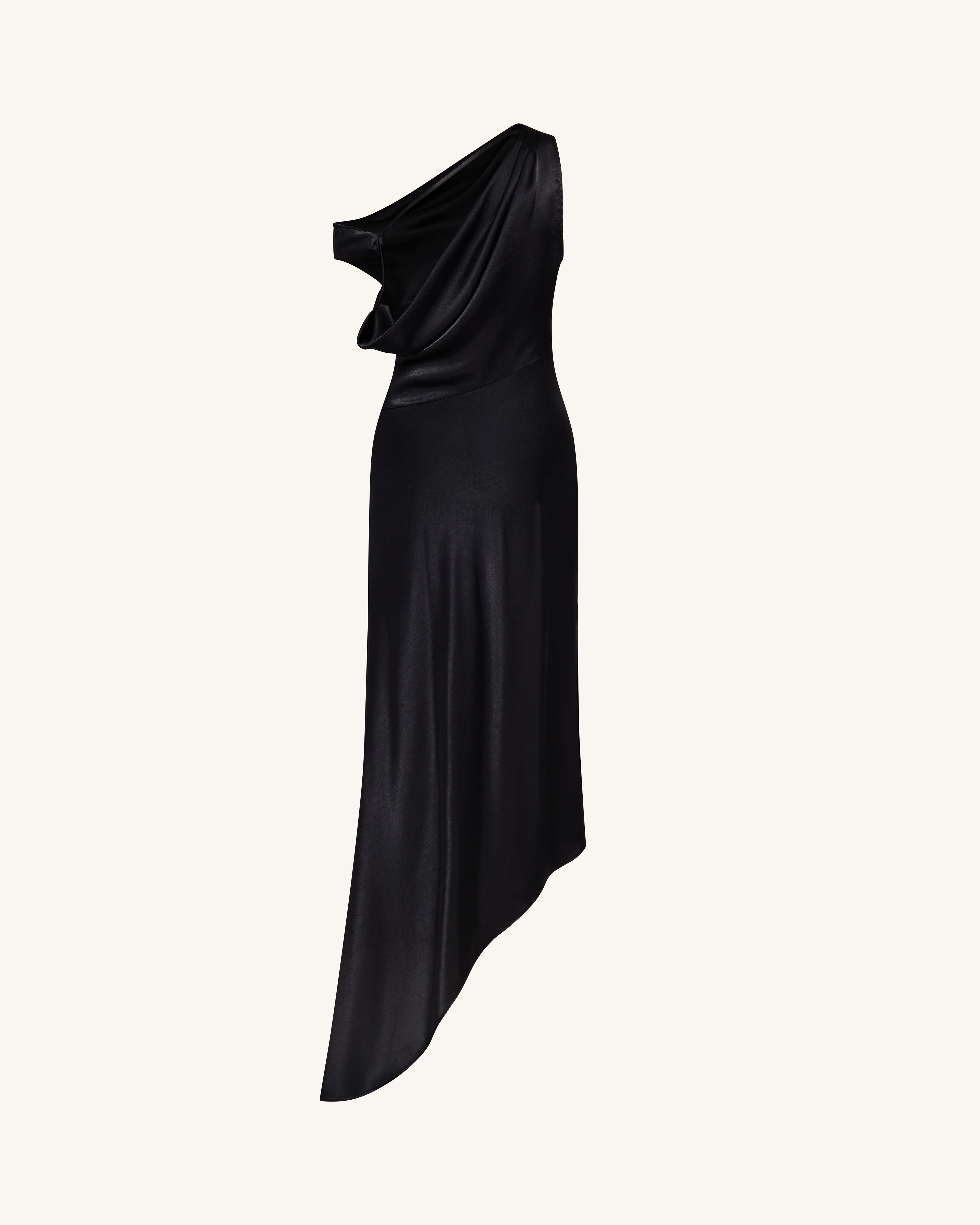 Satin Draped One-Shoulder Asymmetric Dress - Black