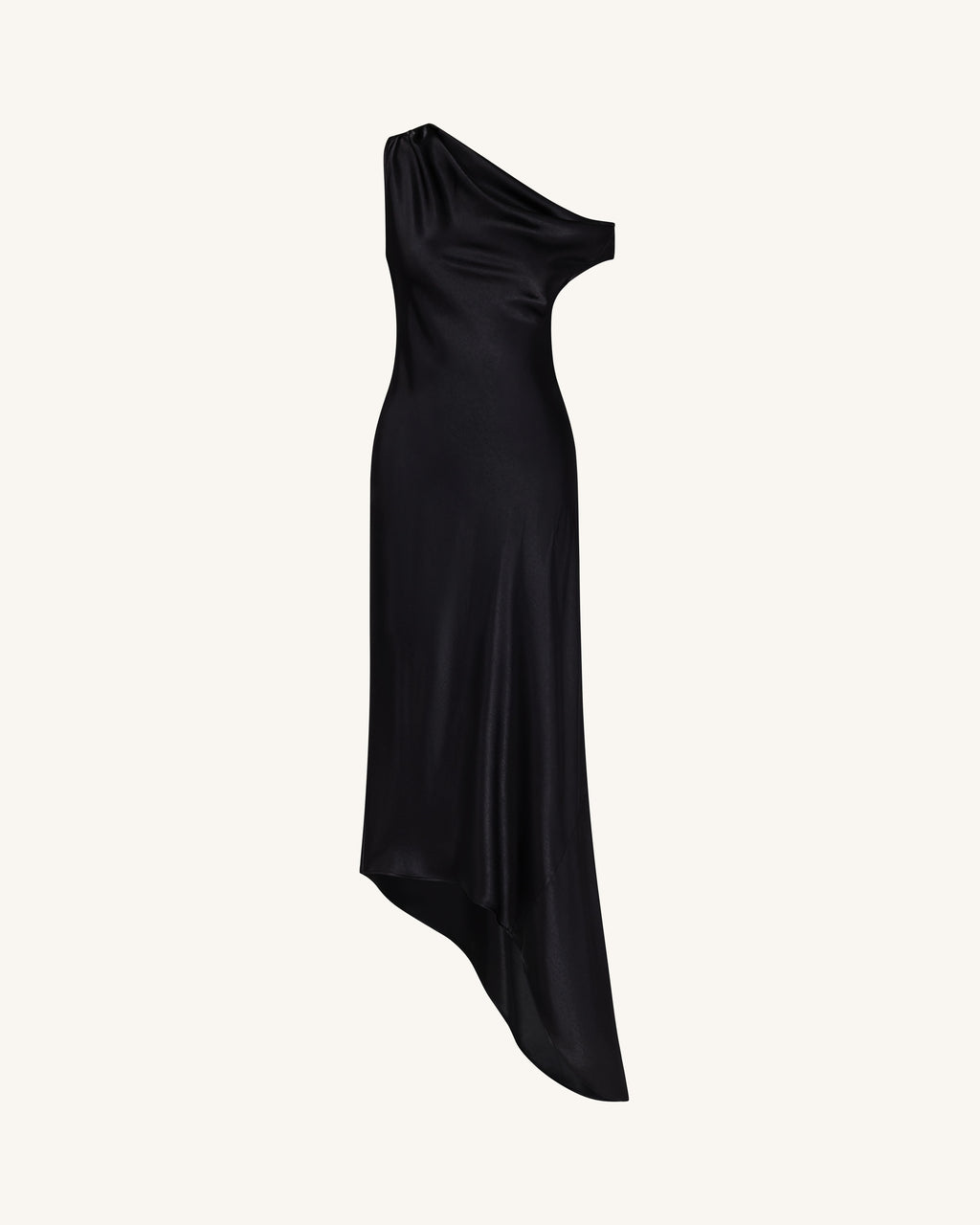 Satin Draped One-Shoulder Asymmetric Dress - Black