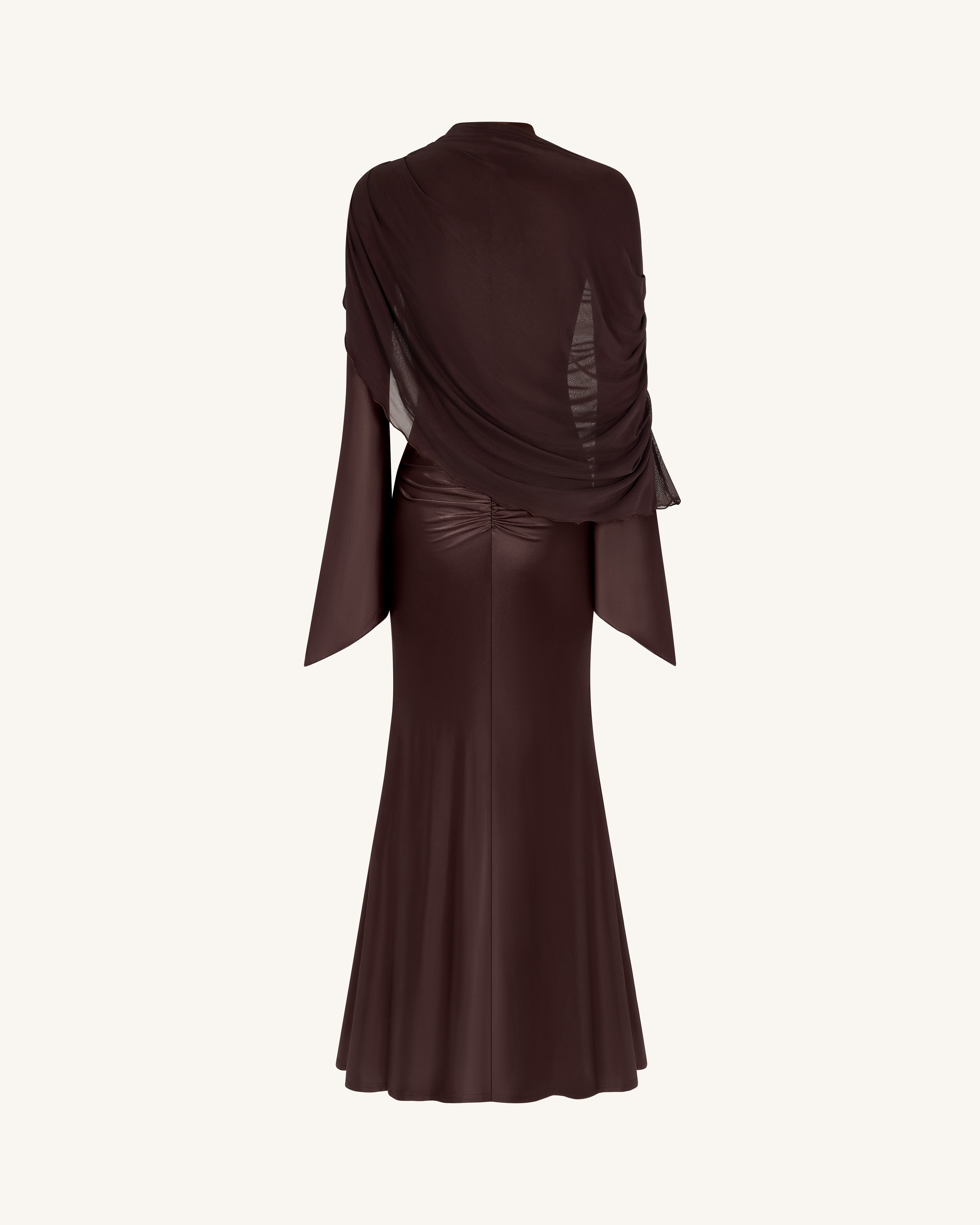 Sheer Shawl Ruched Bodycon Maxi Gown - Brown