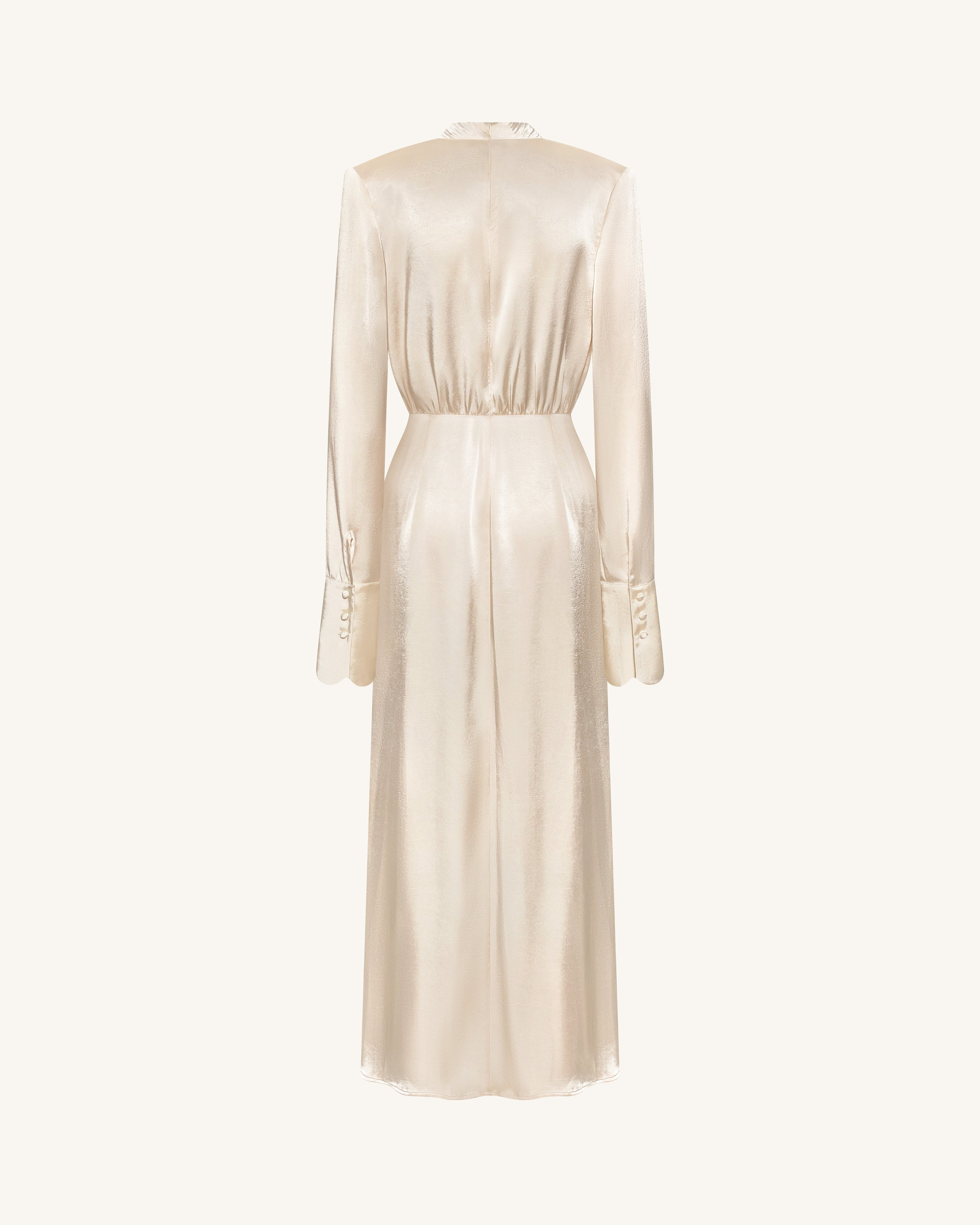 Structured Shoulder Design Satin High-Neck Fitted Maxi Dress - Cream