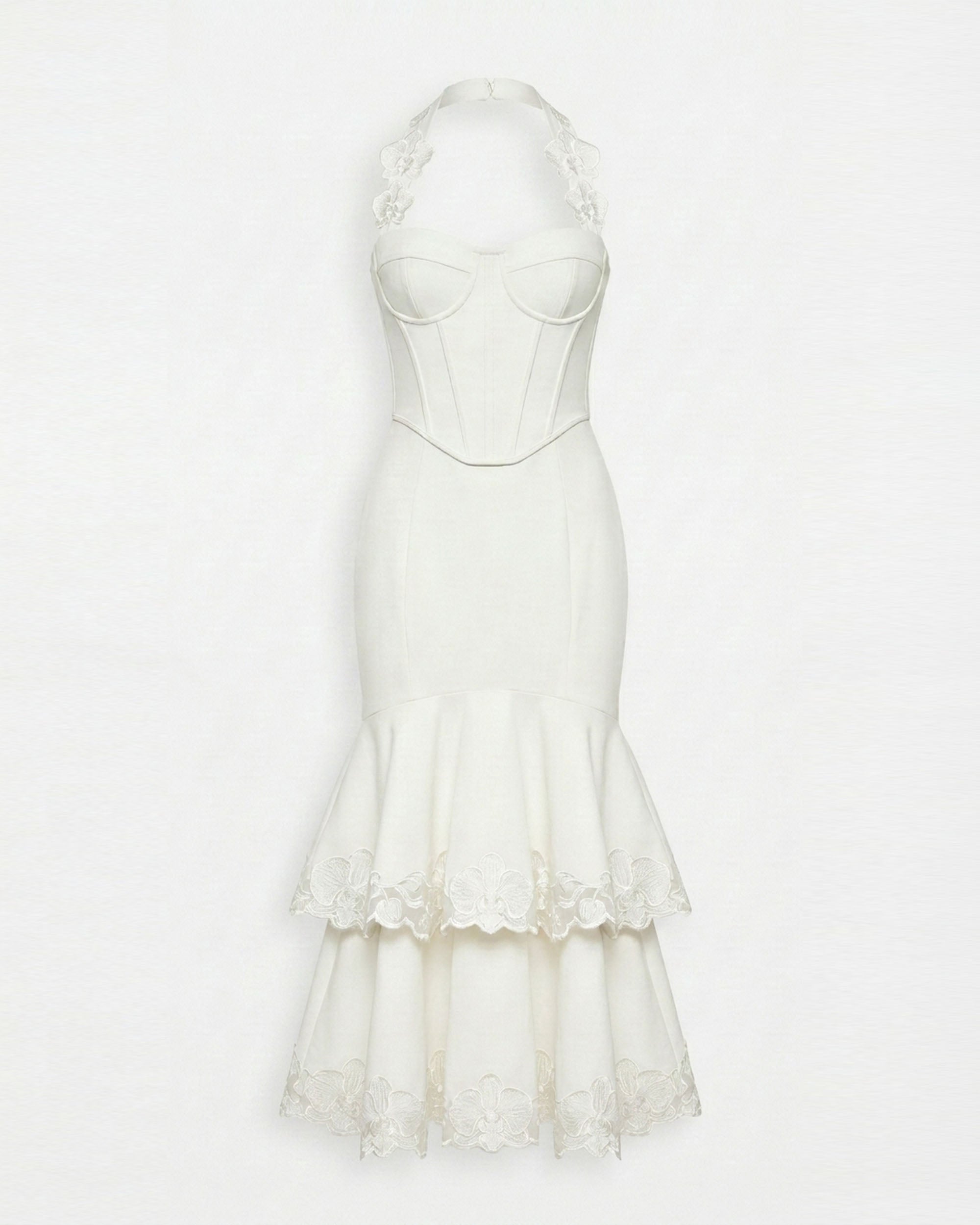 Orchid Embroidered Halter Corset Midi Dress - White