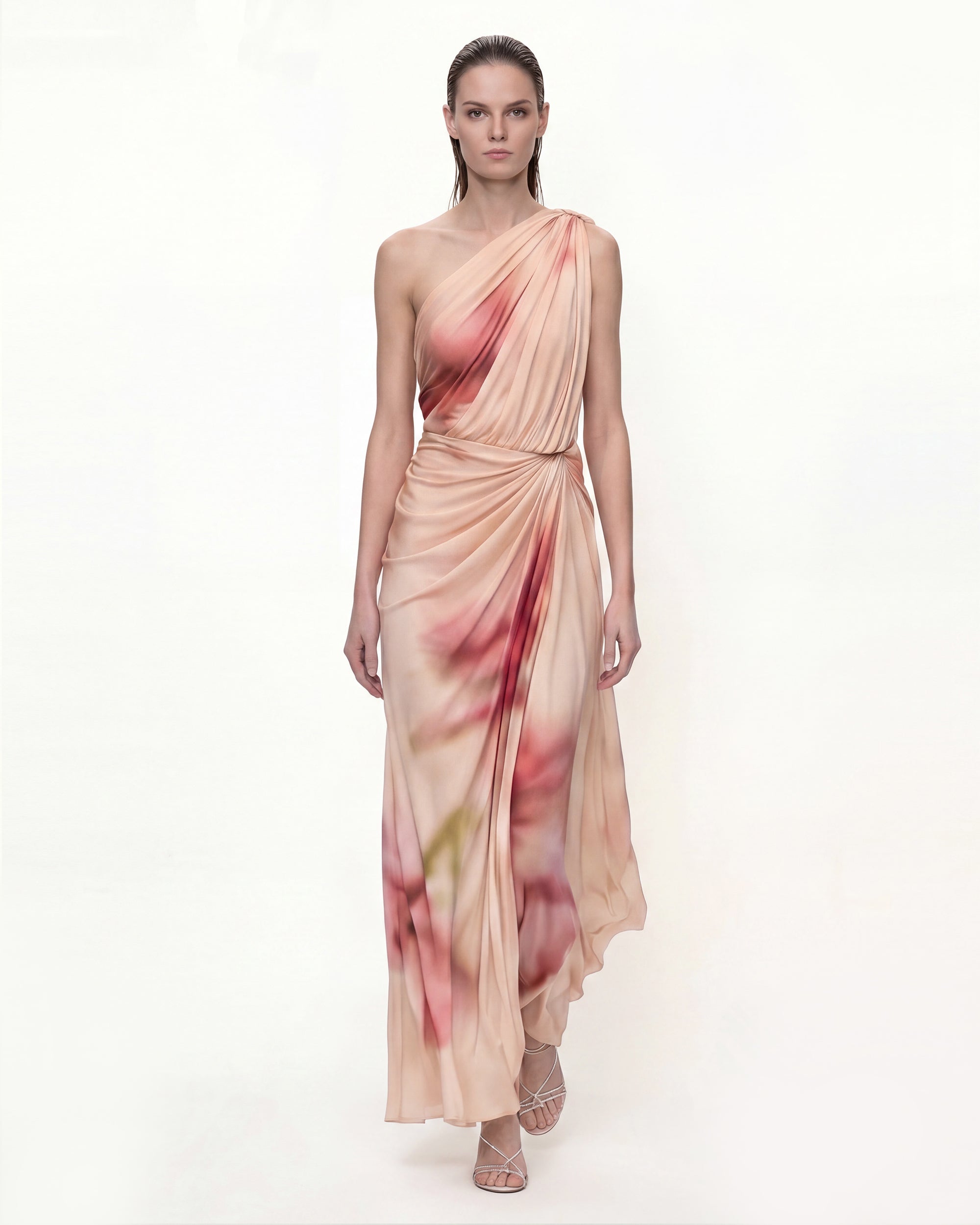 Floral Print Asymmetric Draped Maxi Dress - Blush