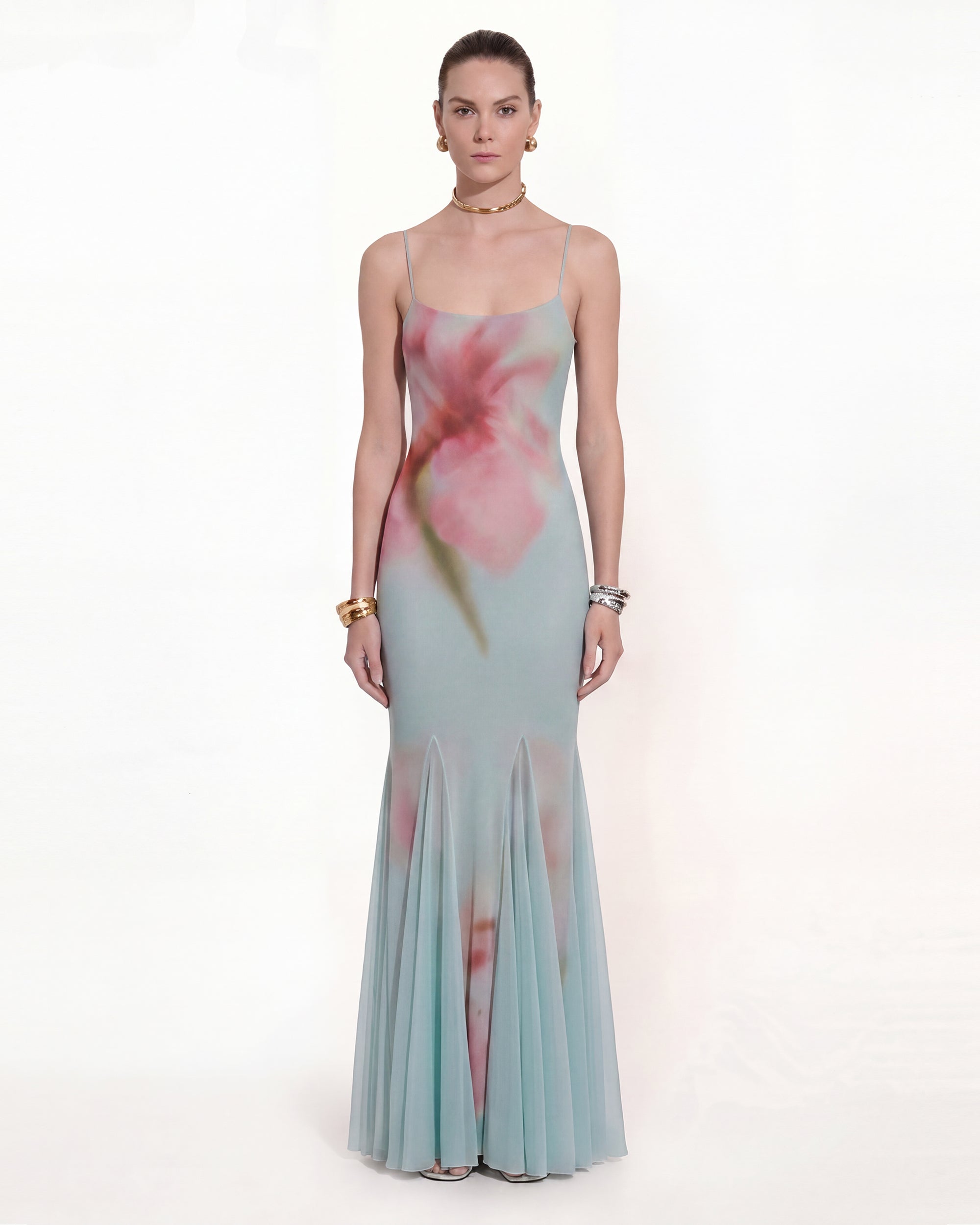 Floral Print Camisole Flared Maxi Dress - Dusty Blue