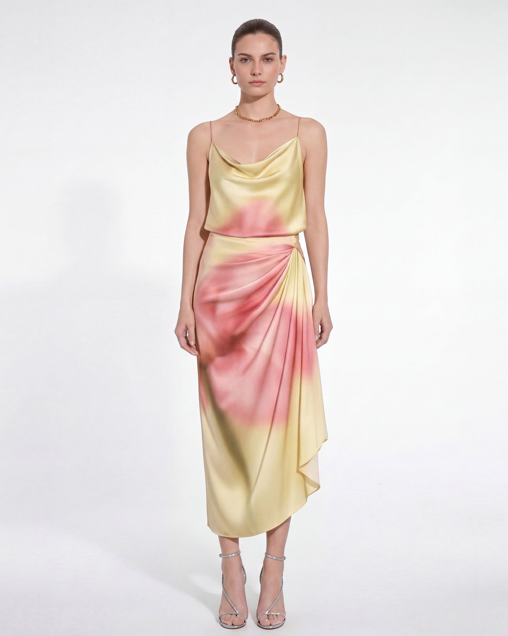 Floral Print Cowl Neck Camisole Midi Dress - Yellow