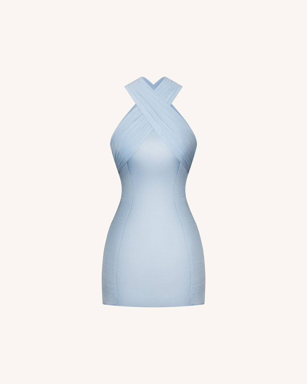 Satin Mini Dress with Tulle Cross-Halter - Blue