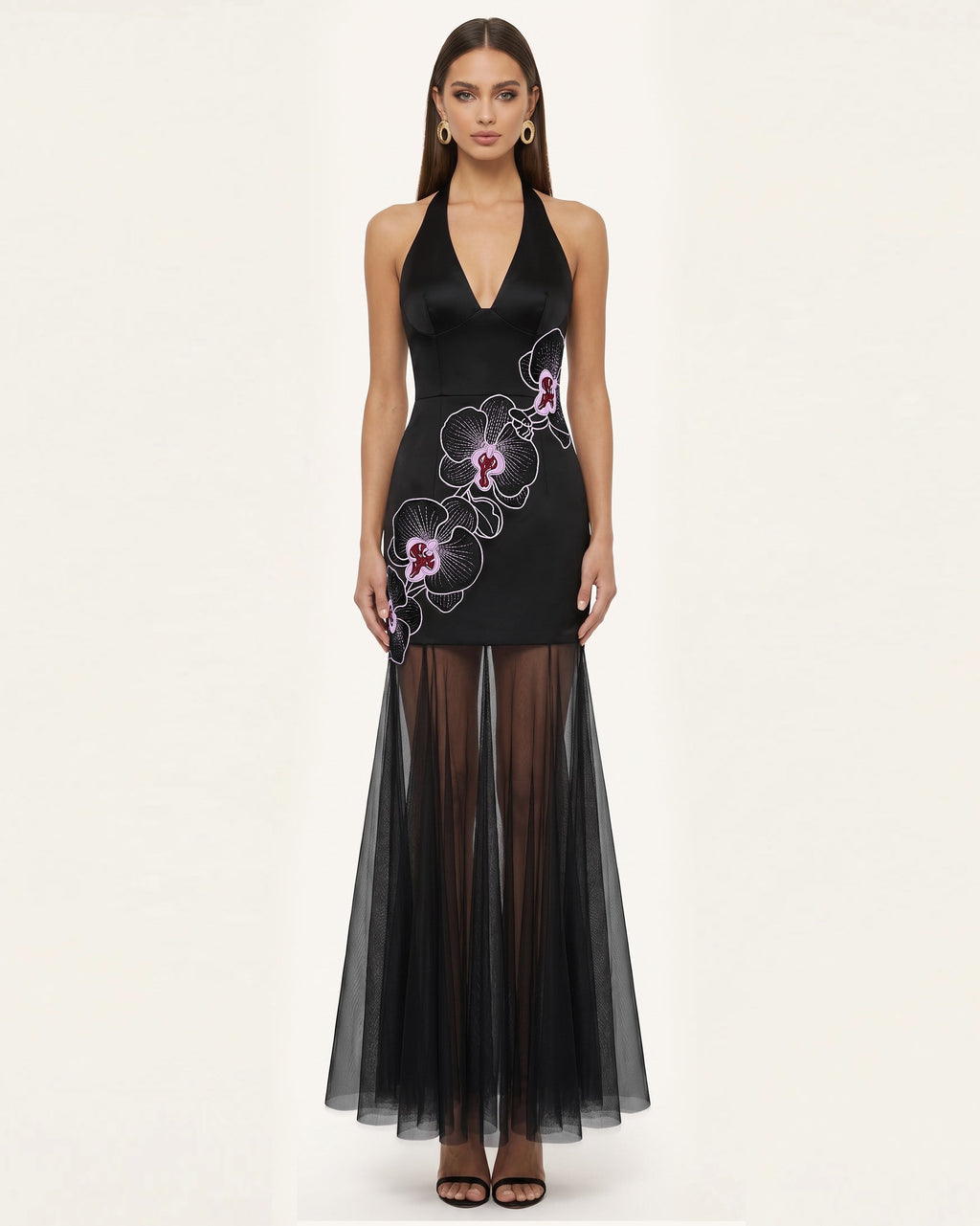 Orchid Embroidered Sheer Hem Halter Maxi Dress-  Black Purple