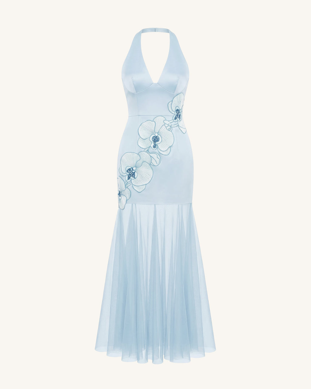 Orchid Embroidered Sheer Hem Halter Maxi Dress - Light Blue
