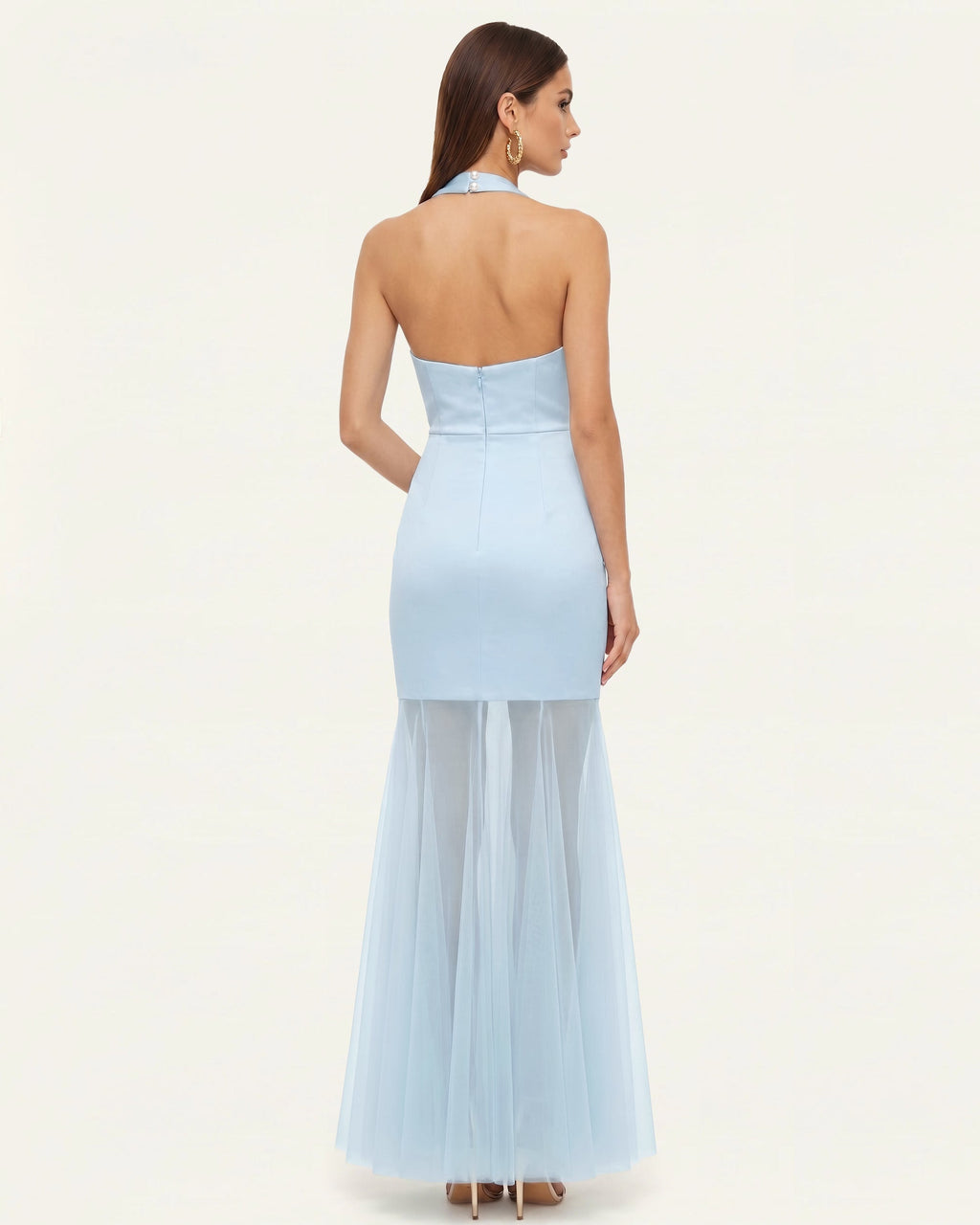 Orchid Embroidered Sheer Hem Halter Maxi Dress - Light Blue