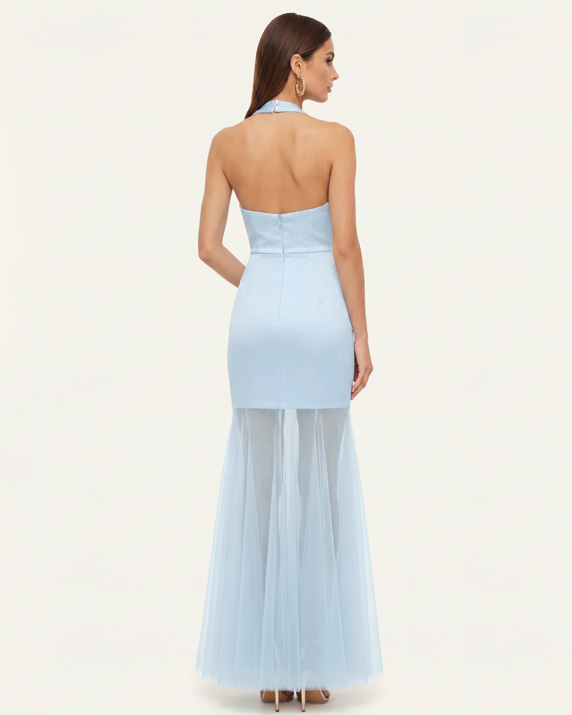 Orchid Embroidered Sheer Hem Halter Maxi Dress - Light Blue