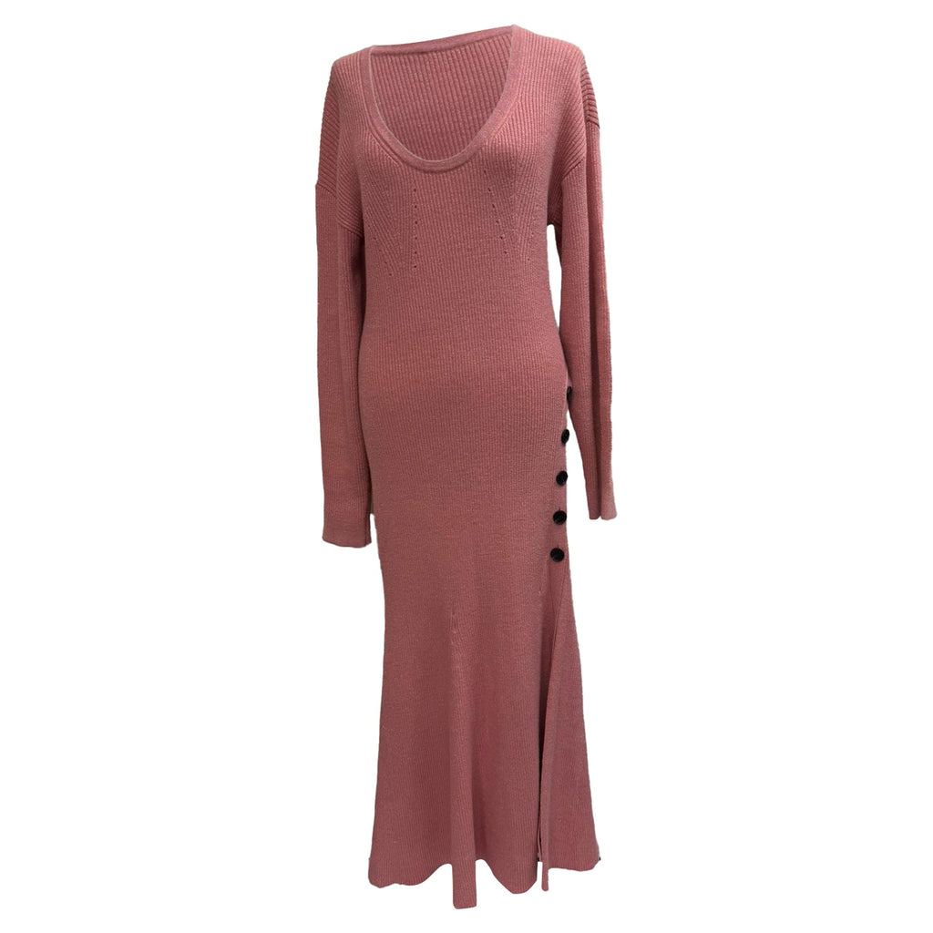 Self-Portrait Knitted Scoop Neck Midi Dress in Pink Cotton