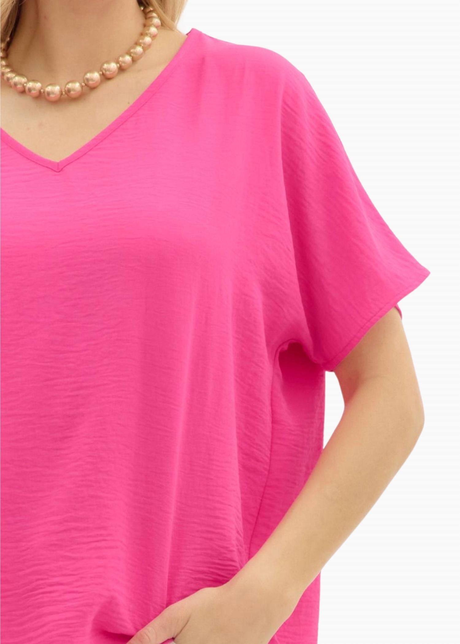 Dana V-Neck Short Sleeve Pullover Top In Hot Pink