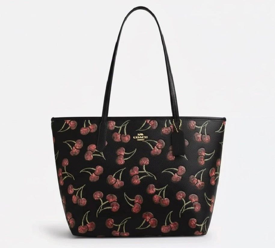 NWT Coach City Tote Leather Bag With Cherry Print In Gold/Black Multi
