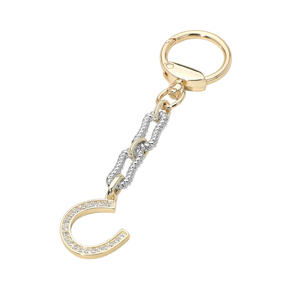 14K Gold Plated Two Tone CZ Stone Paved Horseshoe Charm Drop Keychain Bag Charm