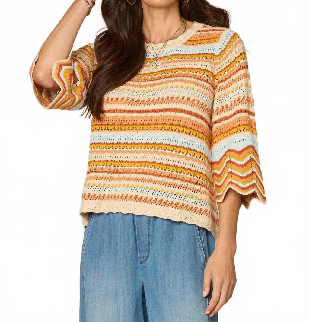 Bell Sleeve Crochet Striped Sweater In Multicolor