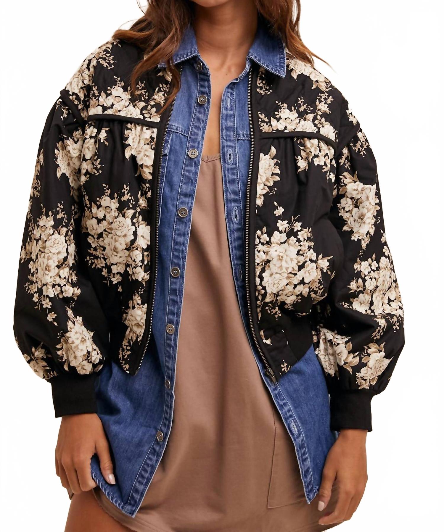 Floral Print Pleated Bomber Jacket In Black