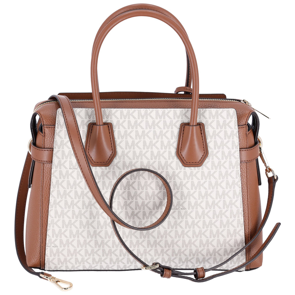 Michael Kors Mercer Medium Belted Satchel Crossbody Vanilla MK Signature