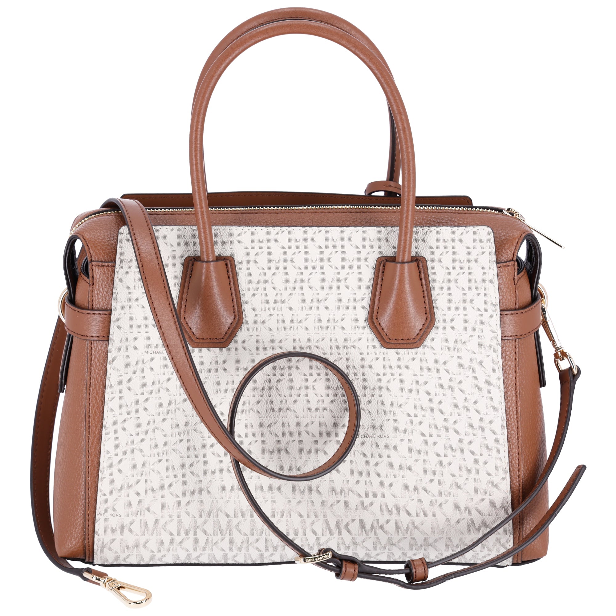 Michael Kors Mercer Medium Belted Satchel Crossbody Vanilla MK Signature