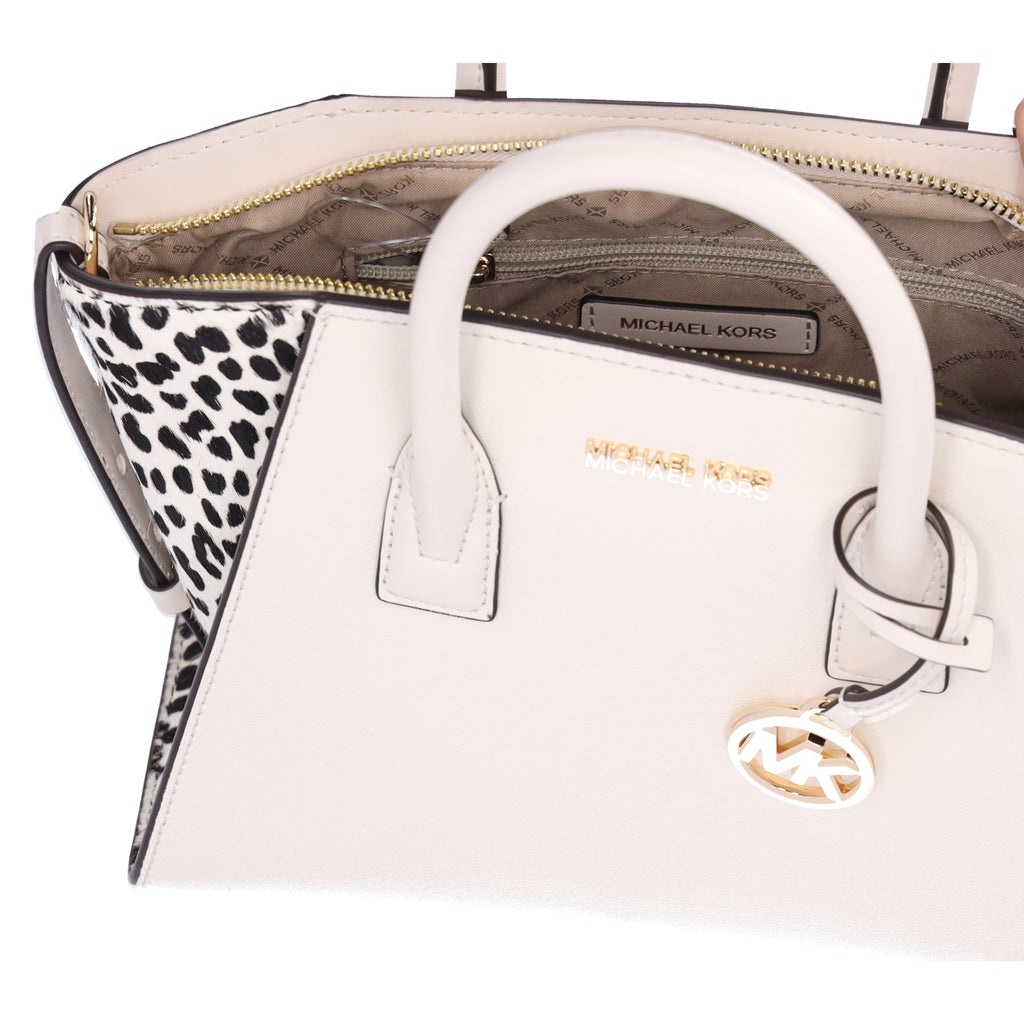 Michael Kors Avril Small Leather Cheetah Print Calf Hair Satchel Light Cream