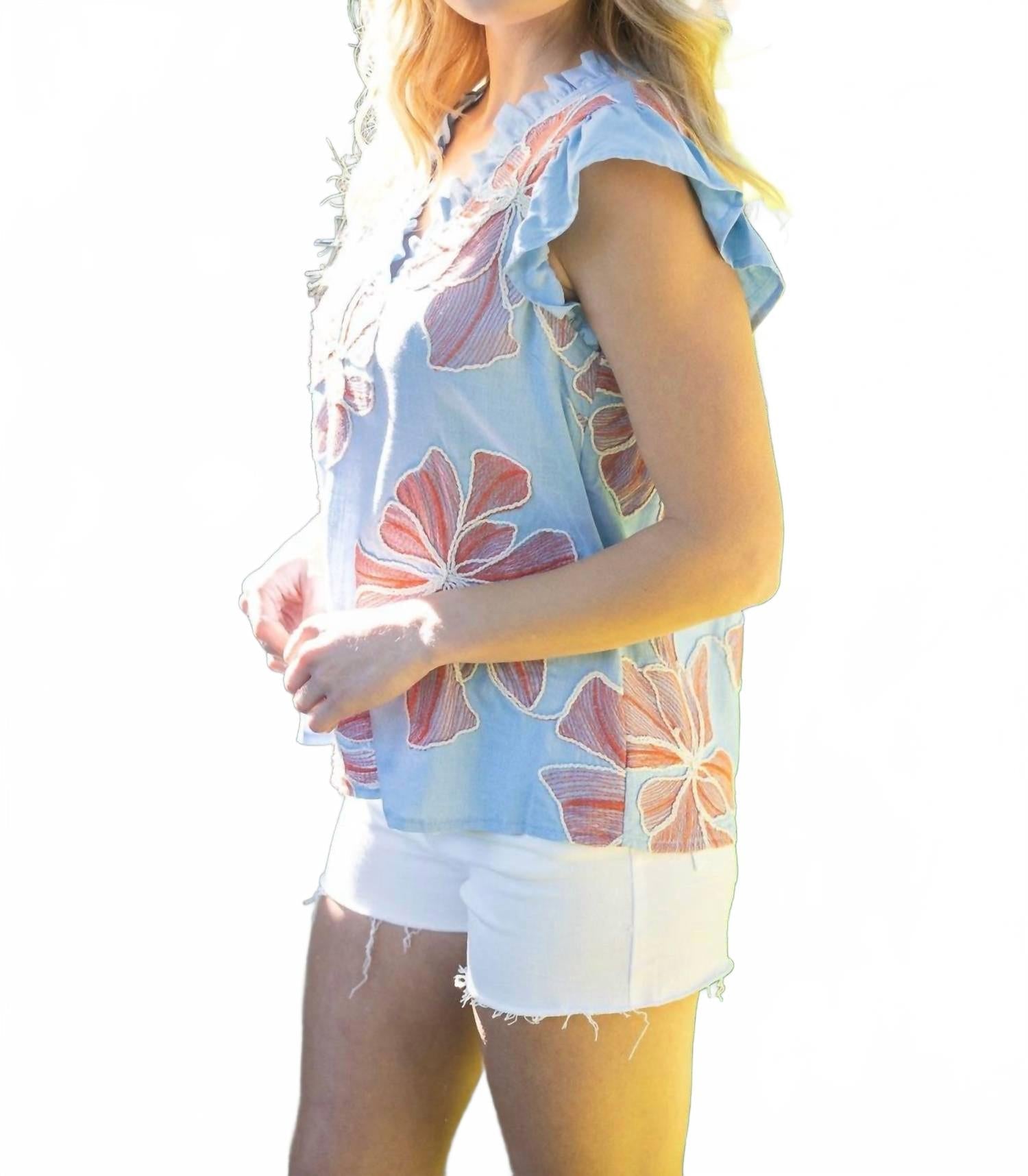 Applique Floral Ruffle Top In Blue