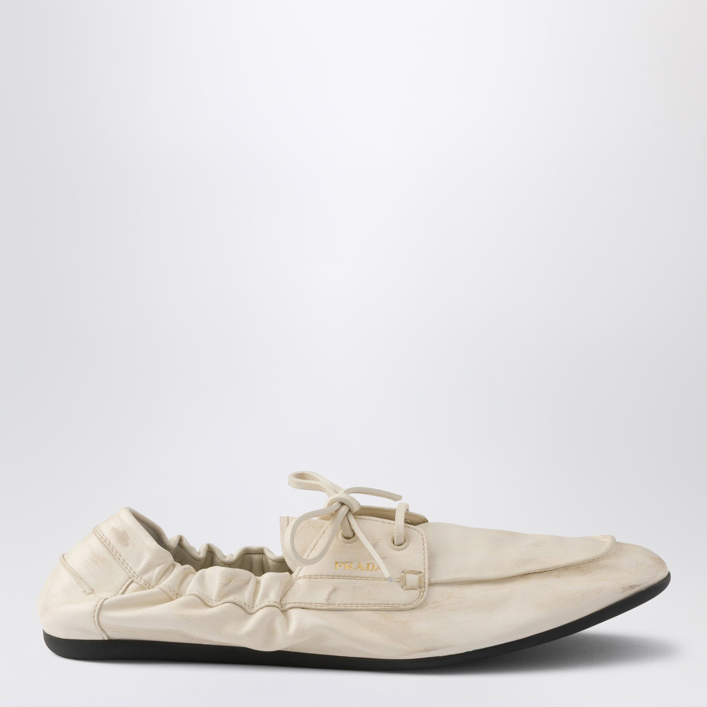 Prada Shuffle Boat Loafers In Antique-Effect Leather, Talc Color Women