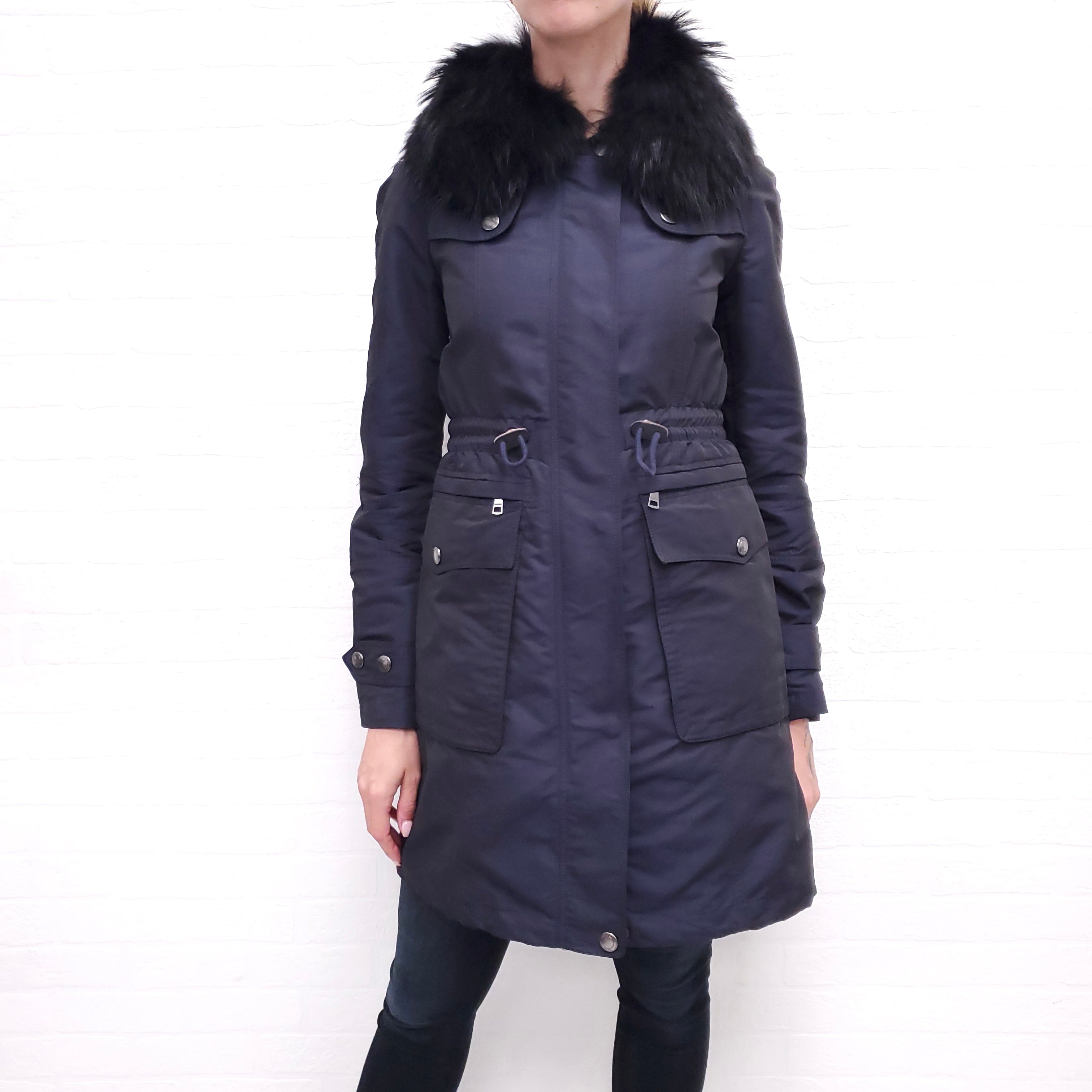 BURBERRY BRIT NAVY COAT WITH FUR HOOD - SIZE 2