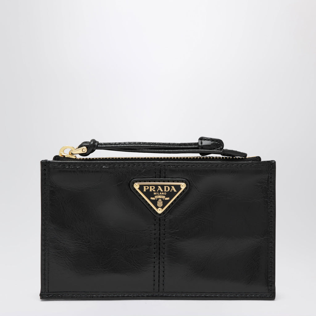Prada Zip Card Holder In Polished Calf Leather, Black Women