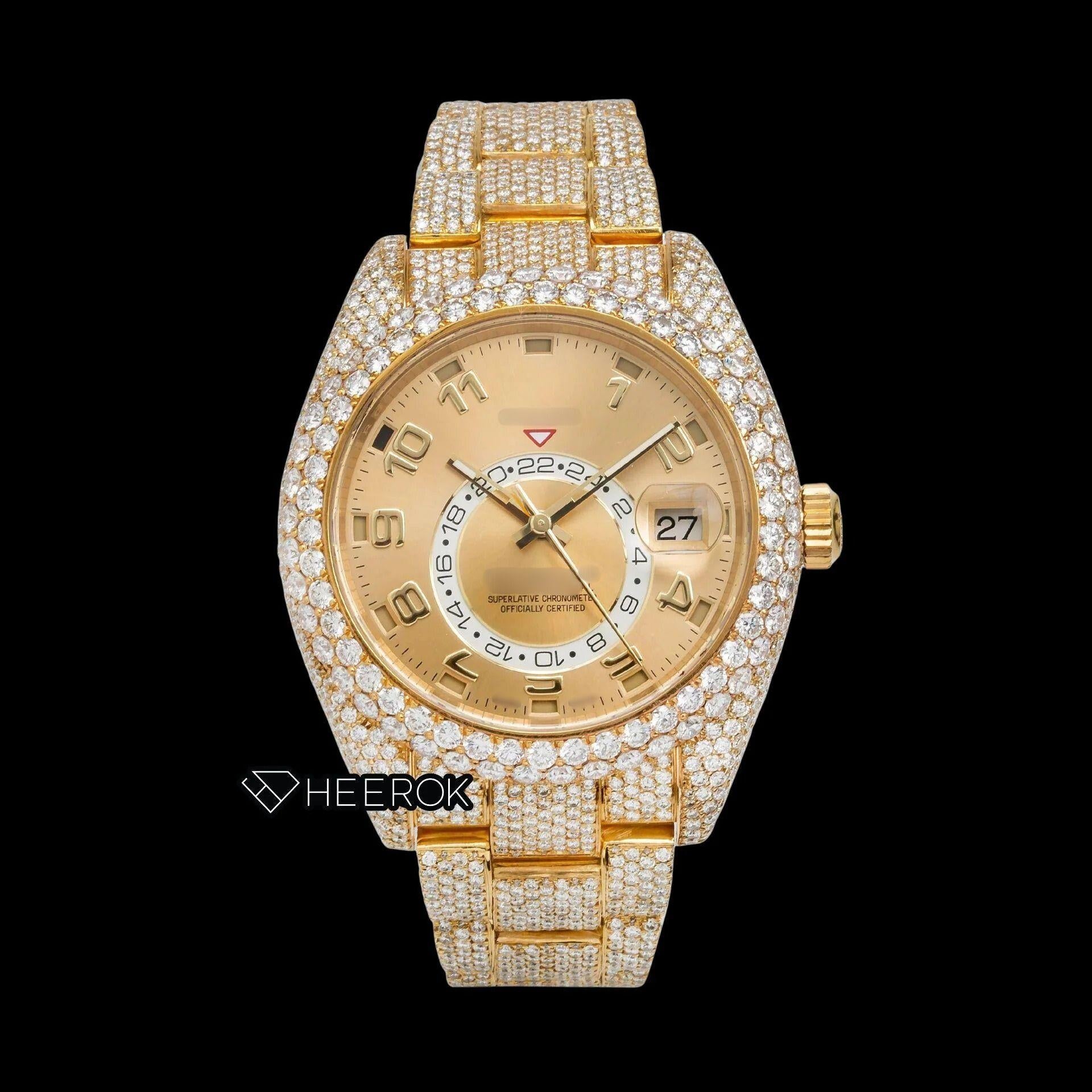 Rolex Sky-Dweller Yellow Dial Standard Numerals Diamond Bezel Yellow Gold Fully Iced Moissanite Diamond Oyster Bracelet Watch