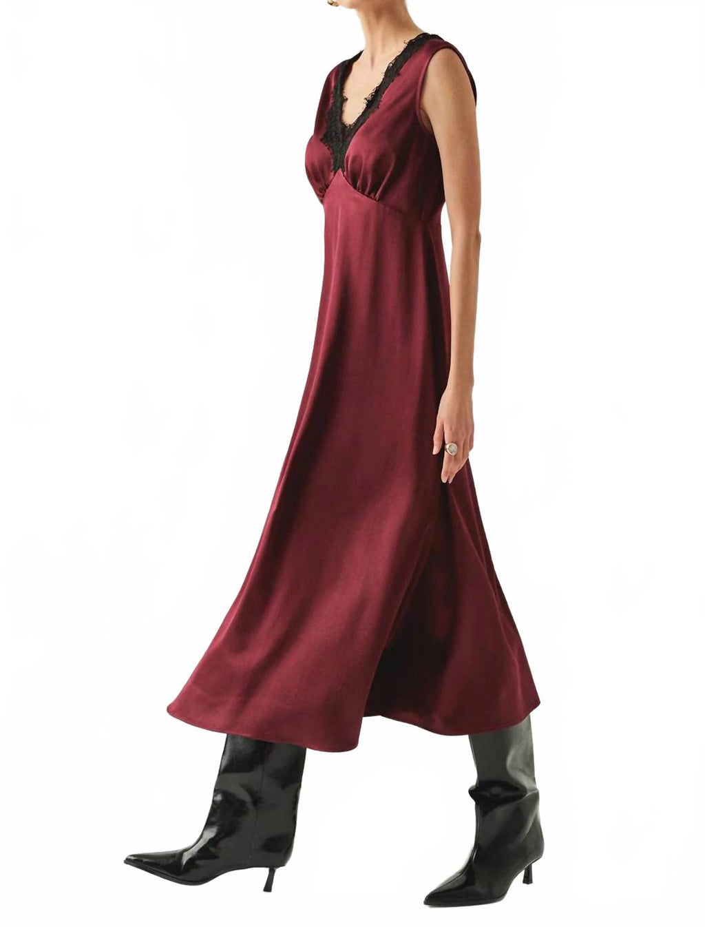 Chana Dress Lace Collar Satin Midi Dress In Red