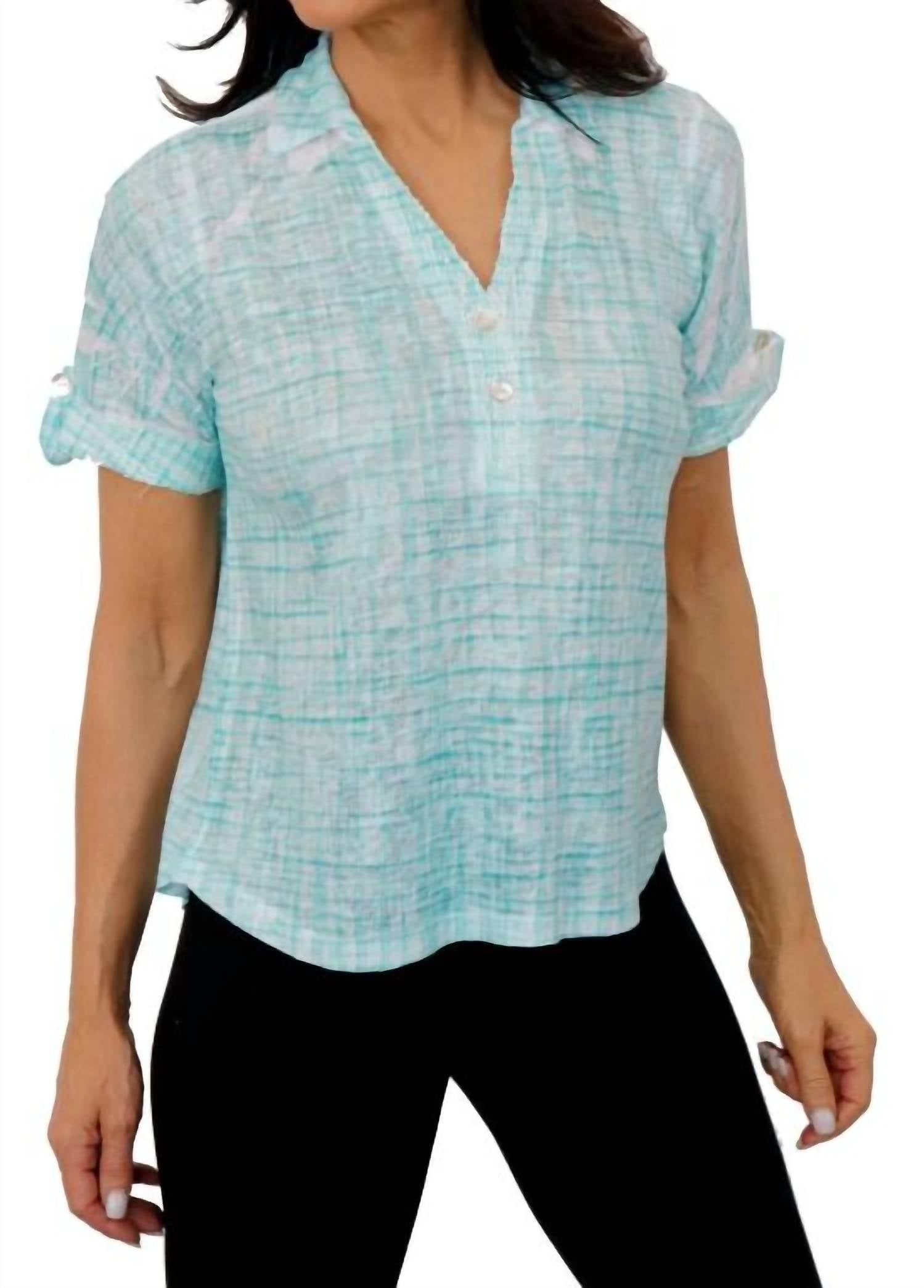Weave Print Cuff Sleeve Top In Aqua