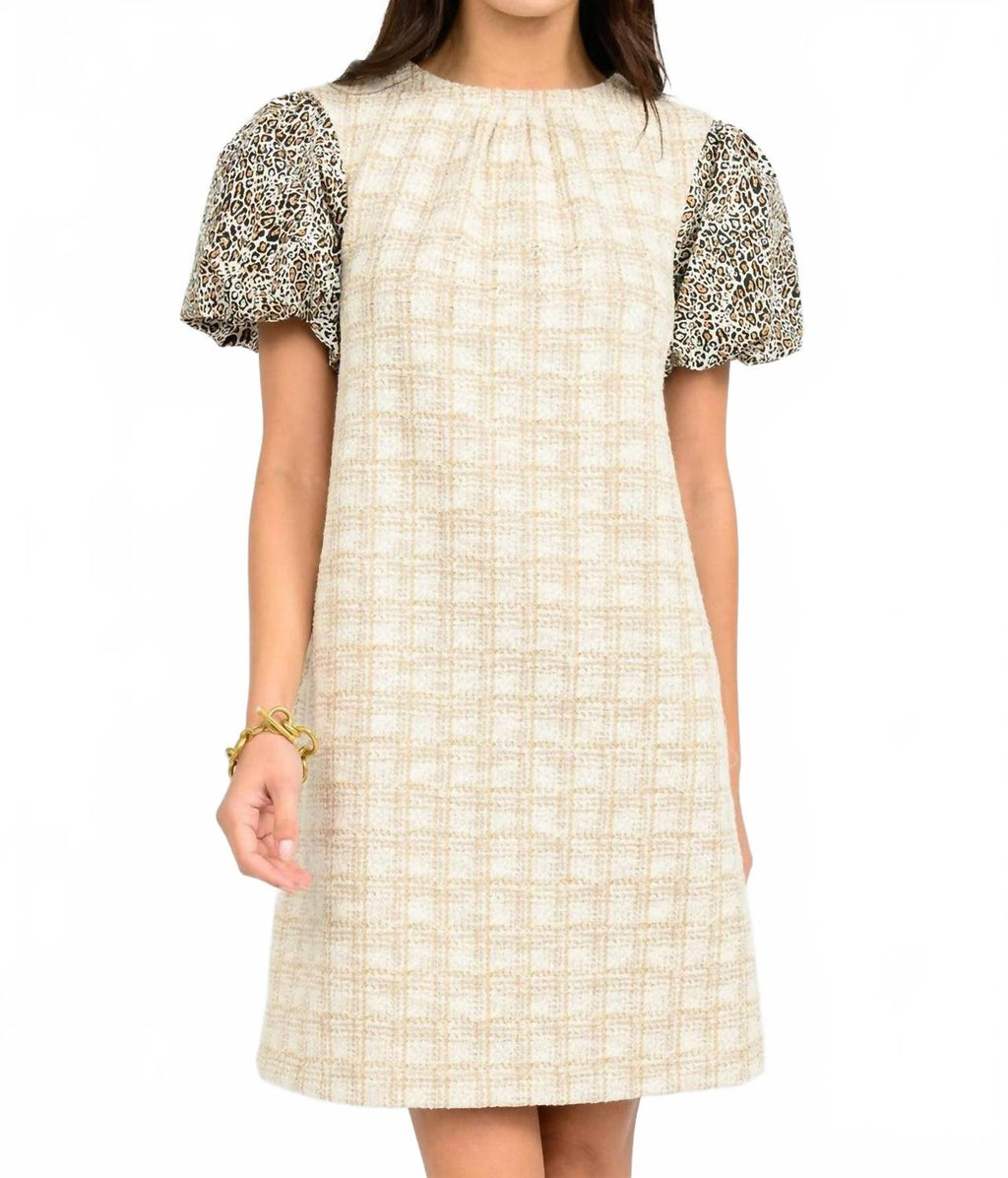 Leopard Puff Sleeve Mini Dress In Natural