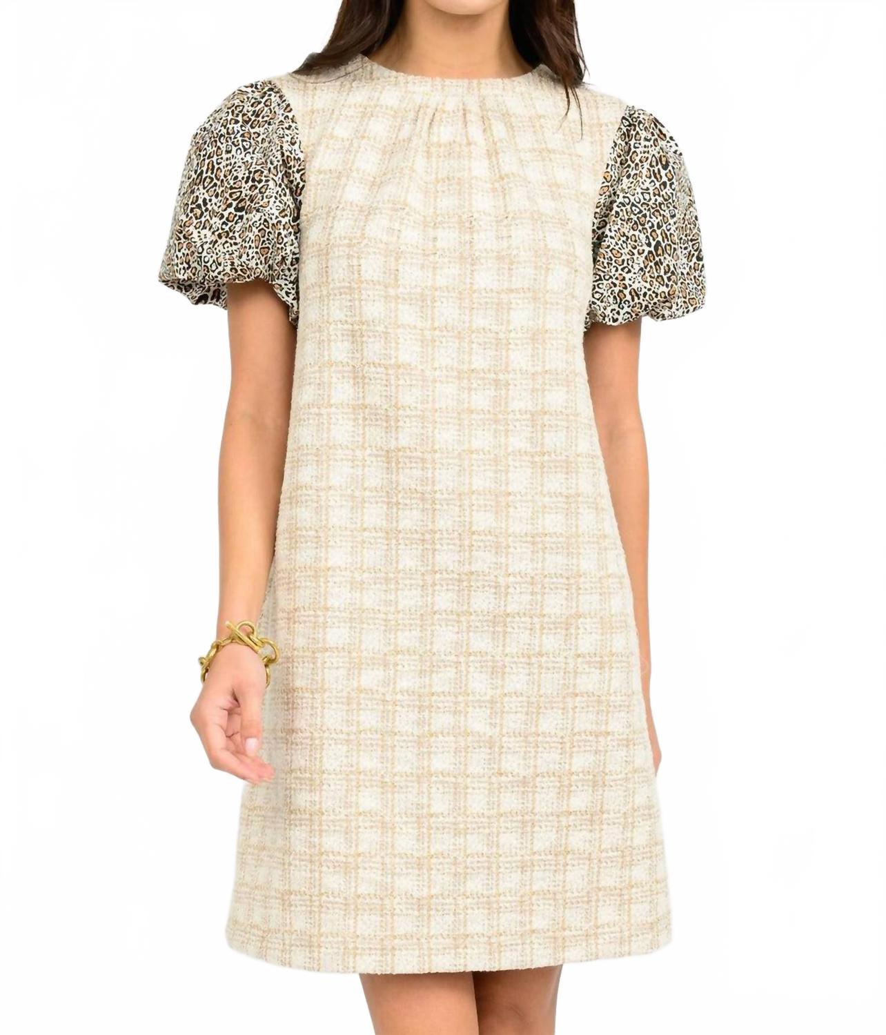 Leopard Puff Sleeve Mini Dress In Natural