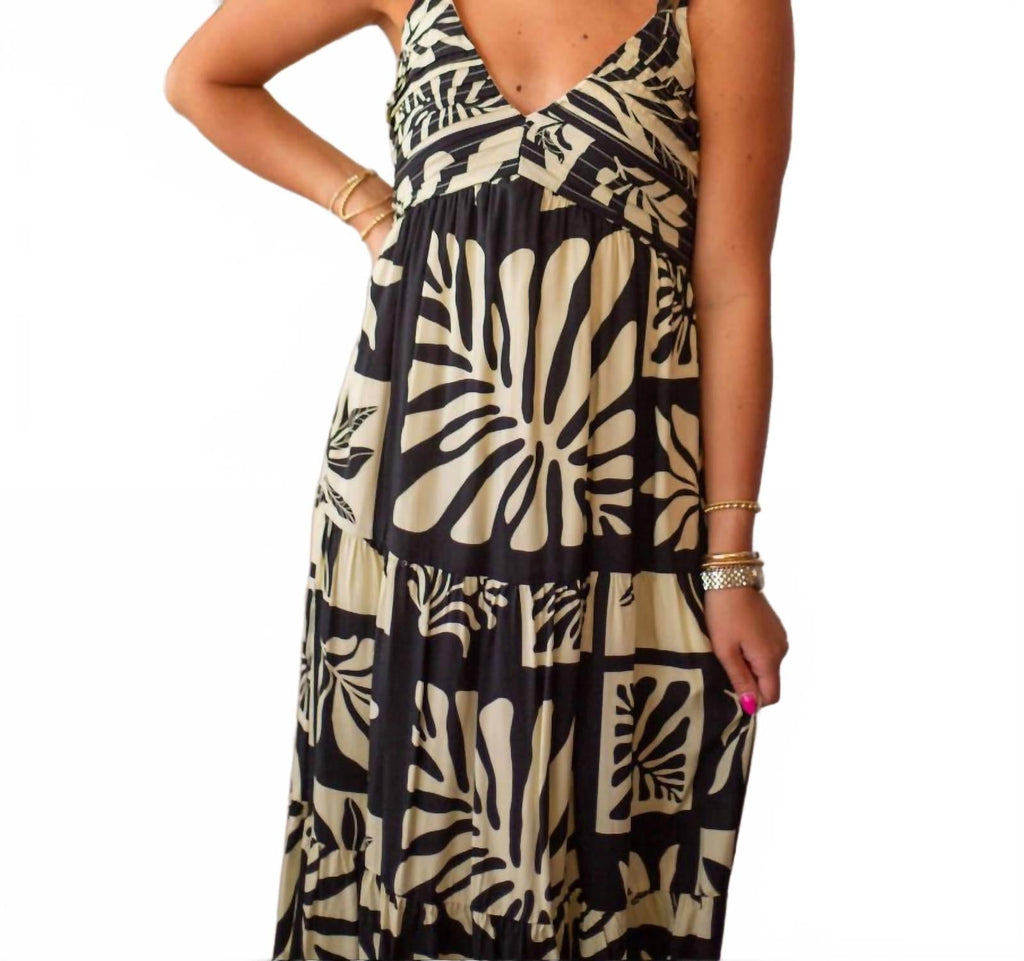 Tiered Print Maxi Dress In Black/beige