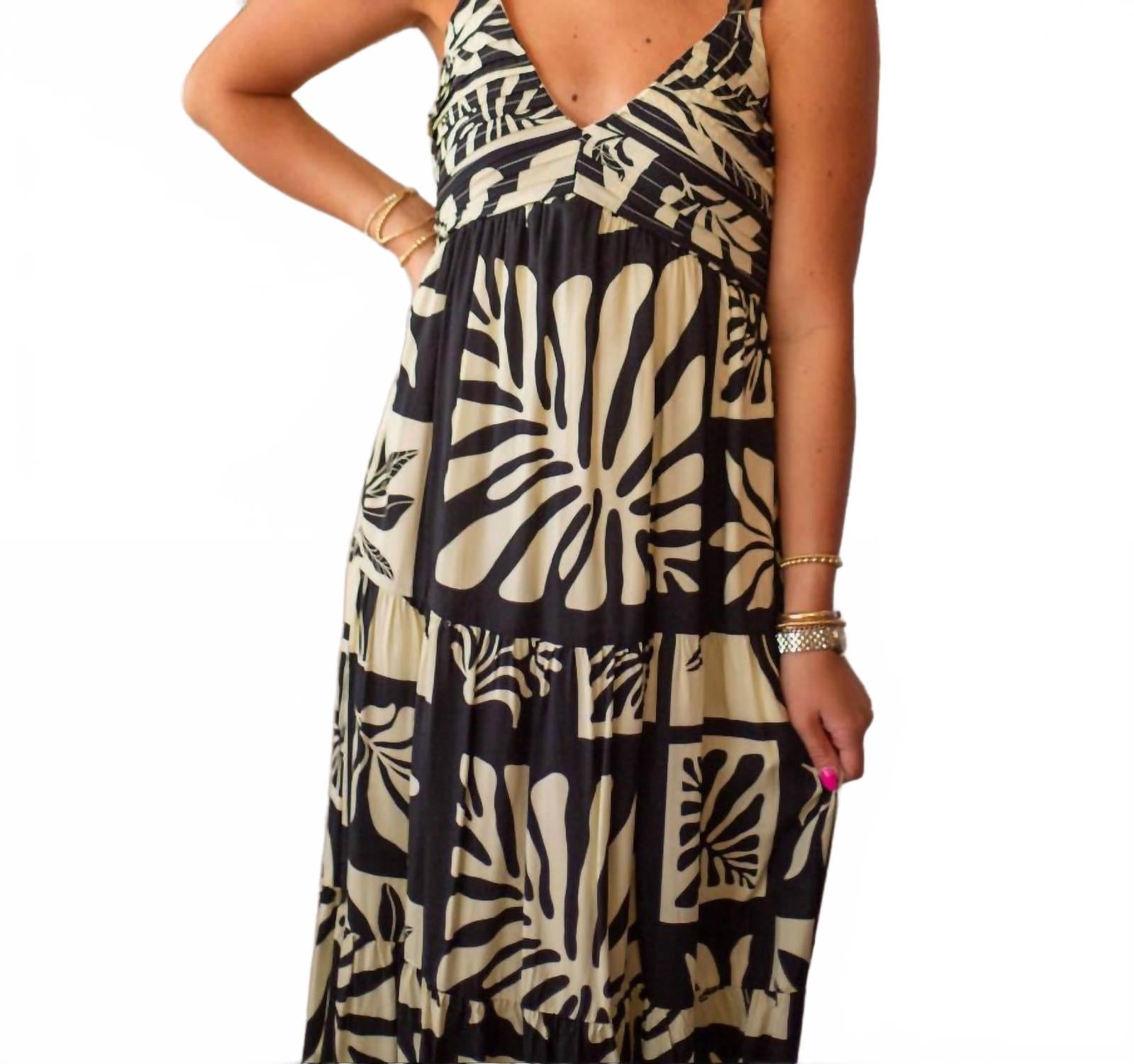Tiered Print Maxi Dress In Black/beige