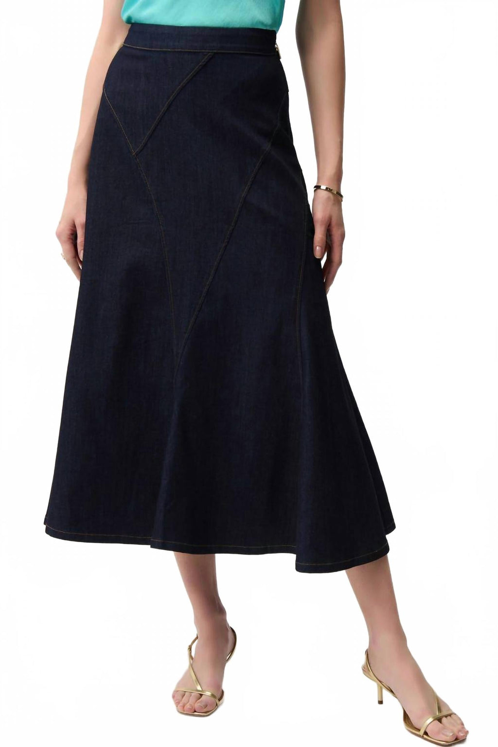 Denim Flare Skirt With Exposed Zipper In Dark Blue