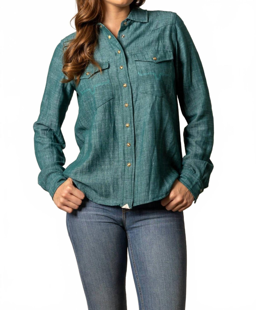 Lacy Button Down Shirt In Dark Teal
