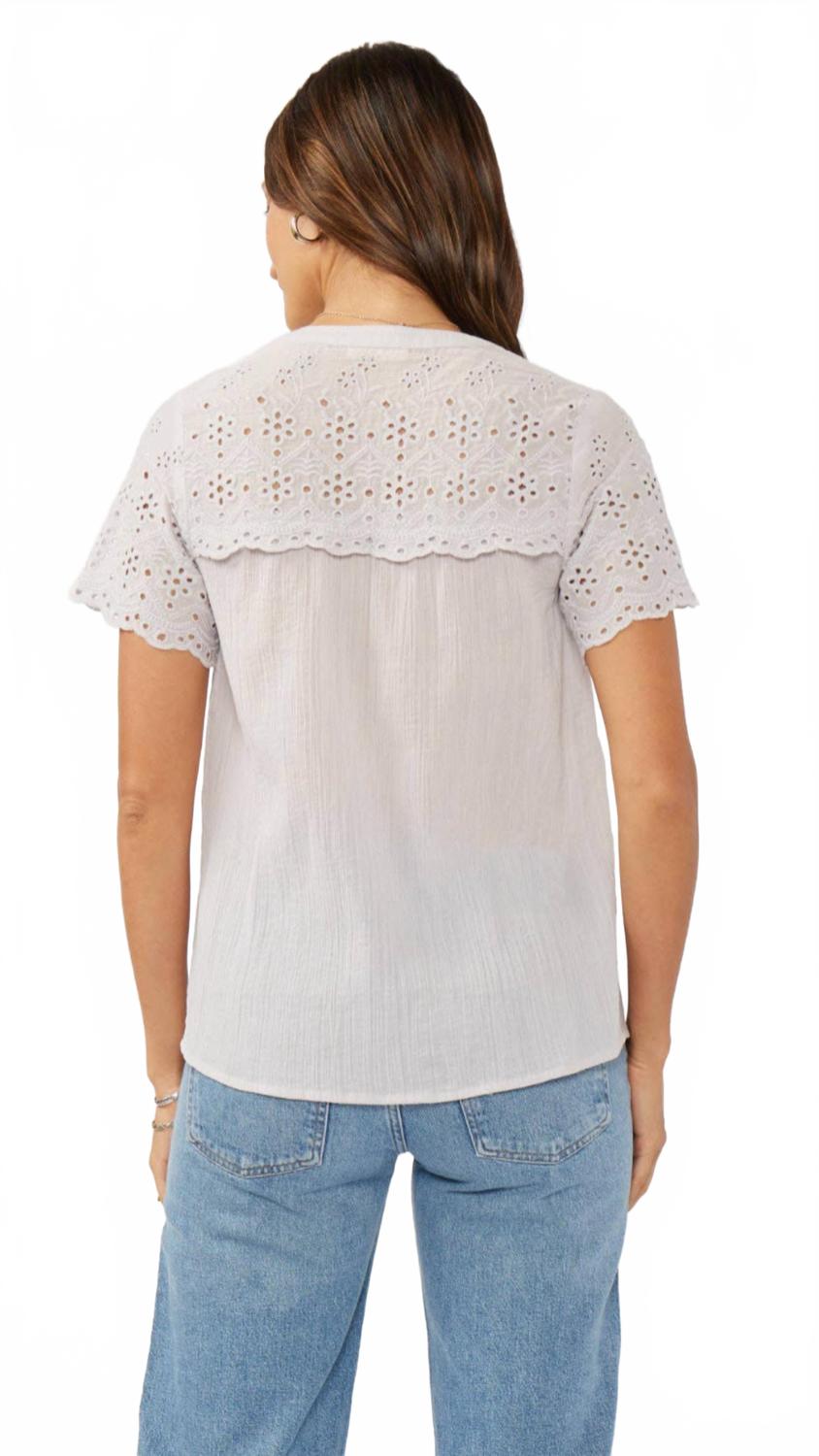 Floral Eyelet Short Sleeve Button Down Blouse In Dove