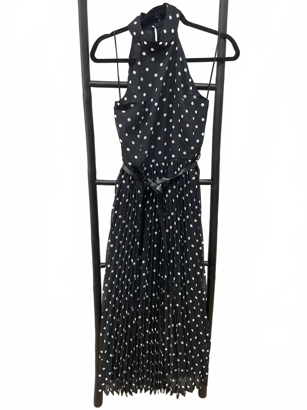 Polka Dot Pleated Midi Dress In Black/white