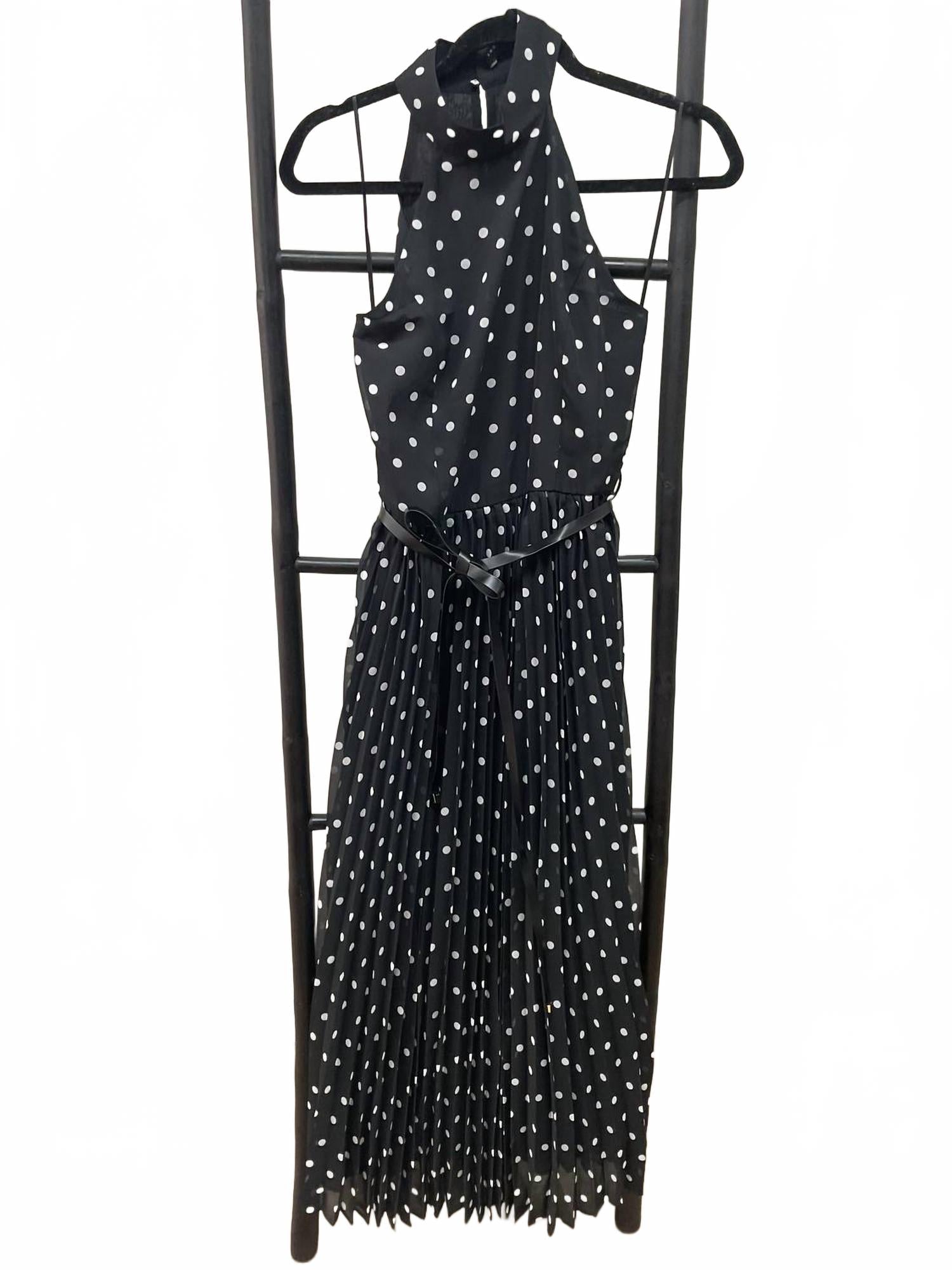 Polka Dot Pleated Midi Dress In Black/white